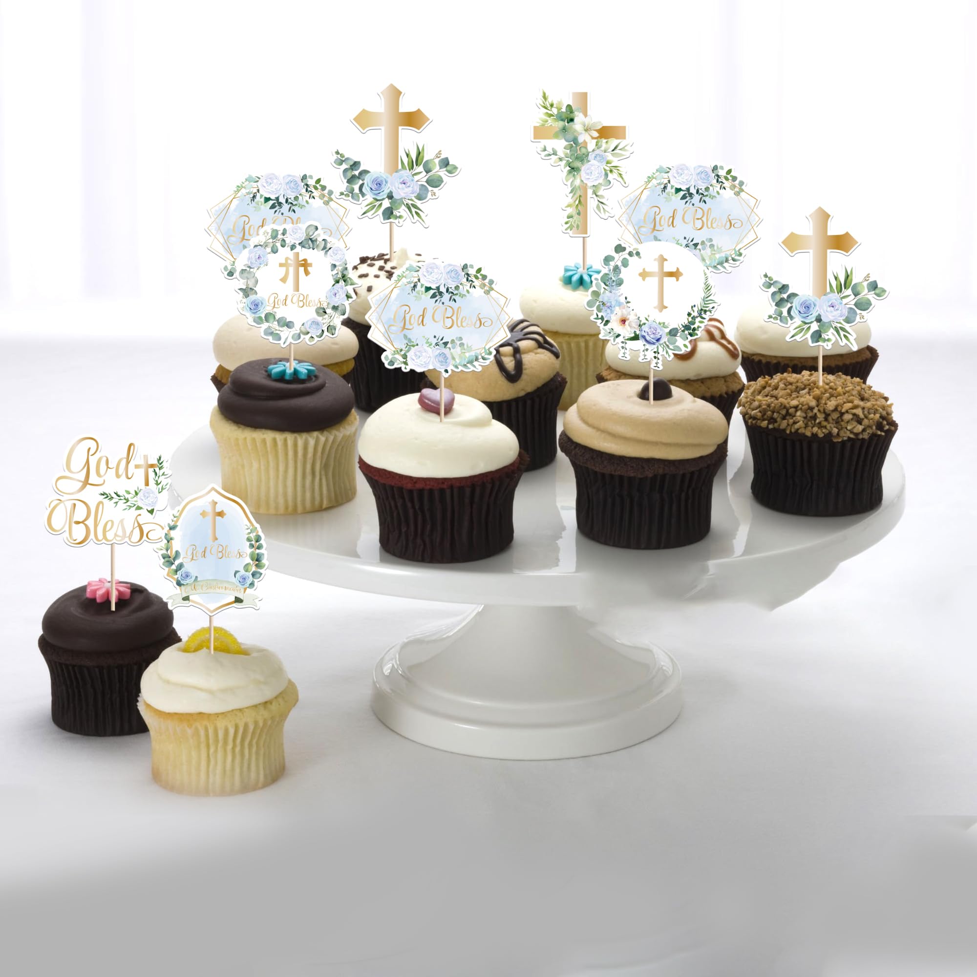 Xsstarmi 35 Pack God Bless Cupcake Toppers Cross Blue Wreath Cupcake Picks for Christian Baptism Baby Shower Boys First Communion Party Cake Decorations Supplies - Image 4