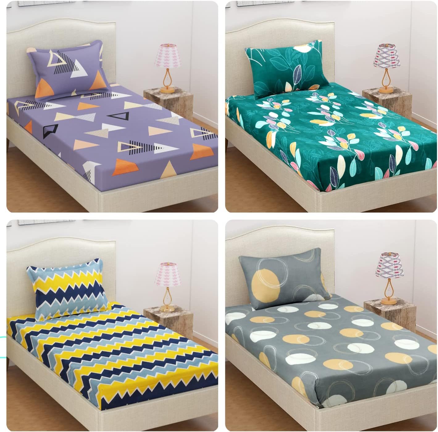 VAS COLLECTION Single Bedsheets Combo Pack of 4-144 TC Soft Brushed Microfiber - Set of 4 bedsheets with 4 Pillow Cover - Breathable & Wrinkle Free - 8 Pcs Set | Purple,Yellow, Grey & Pink