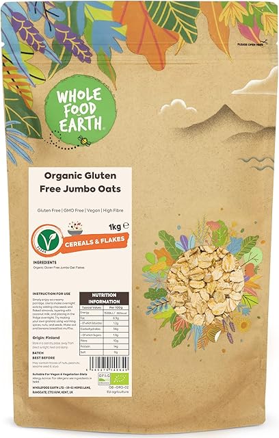 Wholefood Earth Organic Gluten Free Jumbo Oats  1 kg | GMO Free | Vegan | High Fibre | Certified Organic