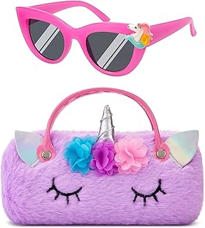 Hifot Unicorn Kids Sunglasses with Eyeglass Case, Portable Hard Sunglasses Pouch with Handle UV Protection