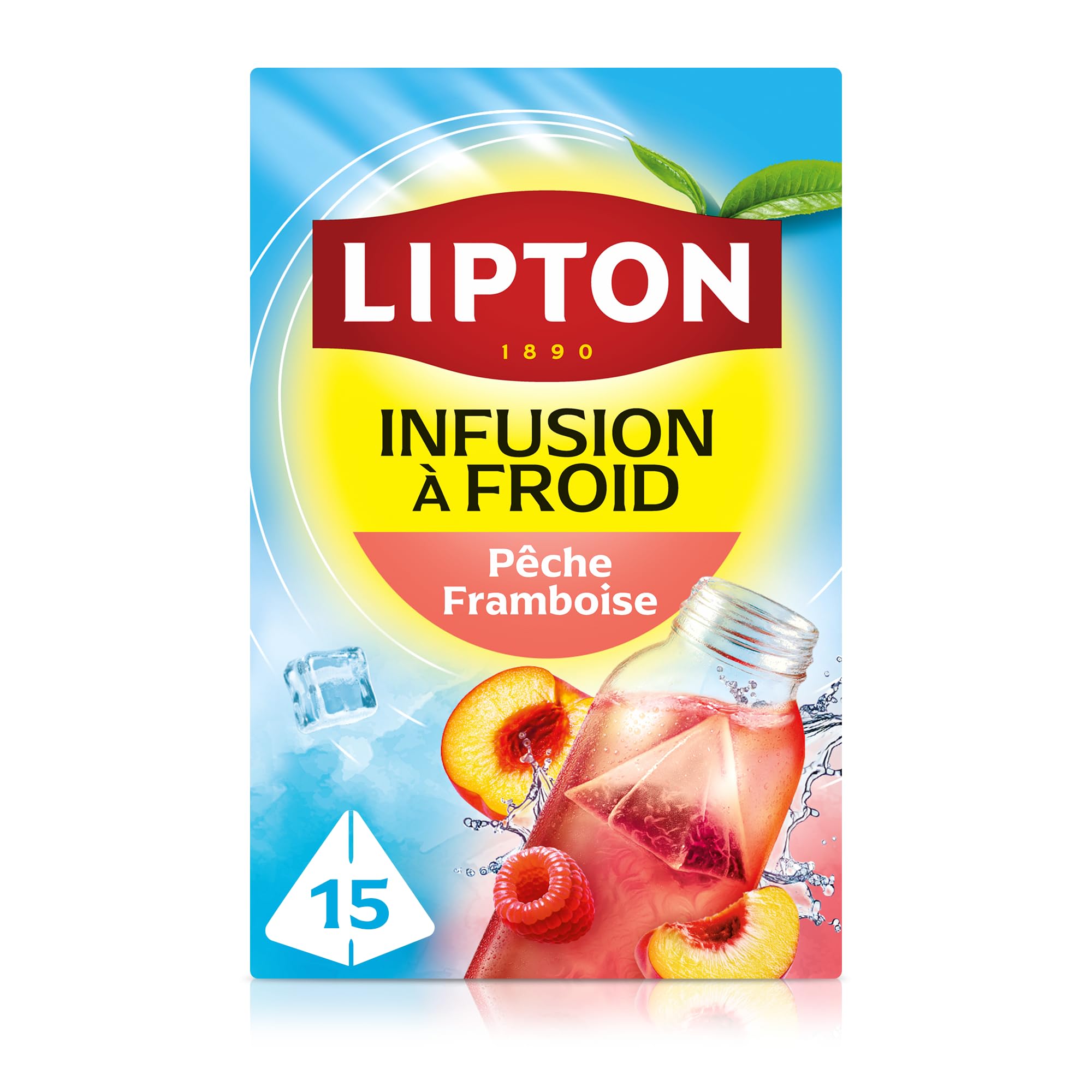 Lipton Infuse à Froid Pêche Framboise, eau froide infusée, eau aromatisée, à emporter partout, 15 sachets Pyramid