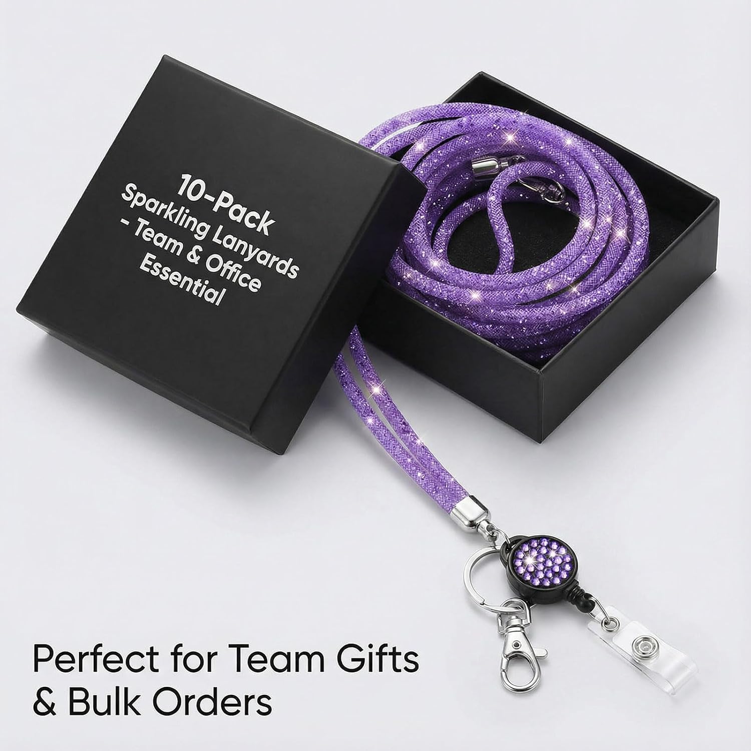 10 Pack Bling Mesh Adjustable Badge Lanyards with Retractable Card Holder & Lobster Claw Clip, Glittery ID Necklace for Work, School, Keys, Everyday Use (Purple)