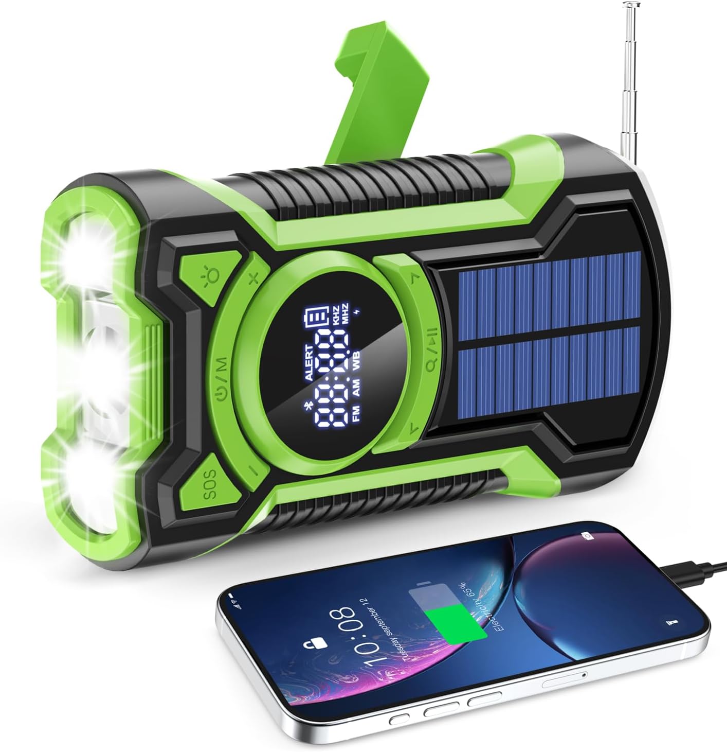 IPX5 Waterproof Emergency Climate Radio, Bluetooth Moveable AM/FM/NOAA Hand Crank Radio Photo voltaic Charging, with Flashlight and 5000mAh Cell Cellphone Charger, USB or Battery Powered Radio with SOS Alarm