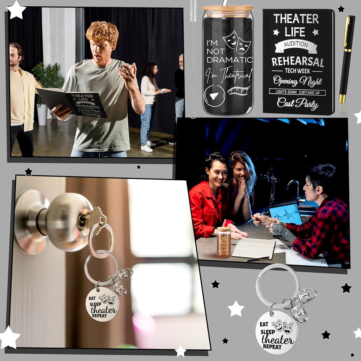 4 Pcs Theatre Gifts for Women Teens Theater Life 16oz Glass Cup Leather Notebook Ballpoint Pen Keychain Musical Broadway Graduation Gifts for Theatre Performers Directors Actors Drama Teacher(Black) - Image 6