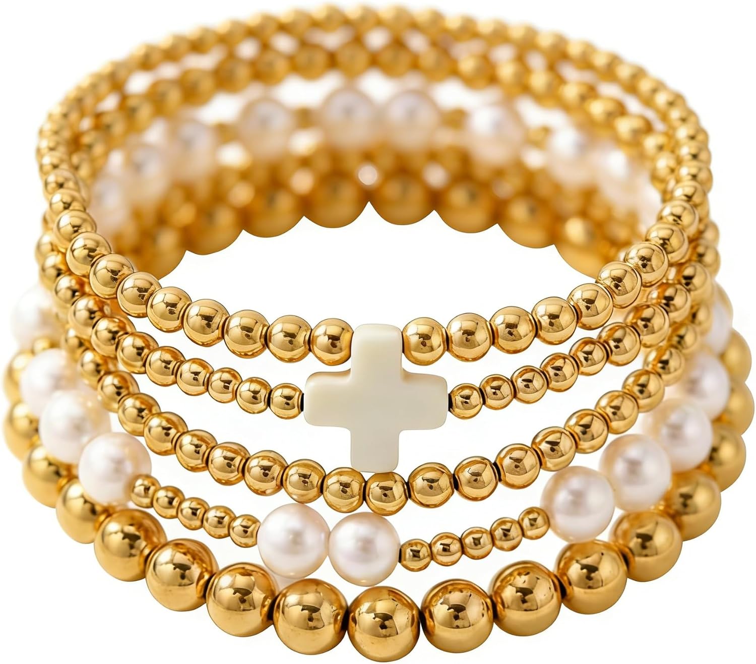 14K Gold Pearl Beaded Cross Bracelets Stack Set for Women,Stretch Boho Colorful Christian Beads Ball Jewelry Trendy Gift