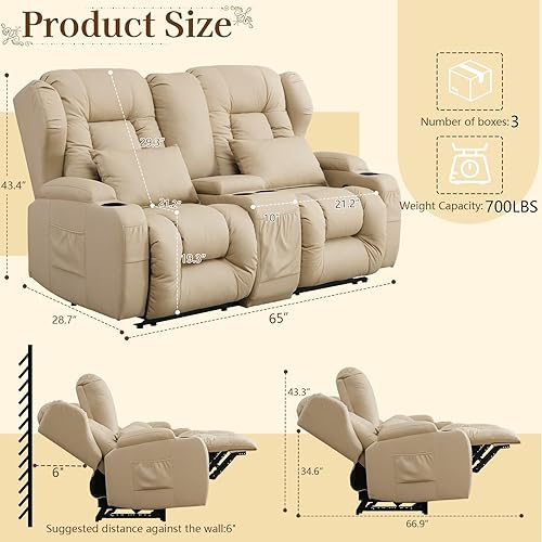 Miniatura 3 de SAMERY Sofá reclinable de 76.7 pulgadas, sofá biplaza reclinable doble con consola, asiento reclinable manual de cine en casa, juego de sofá de 23