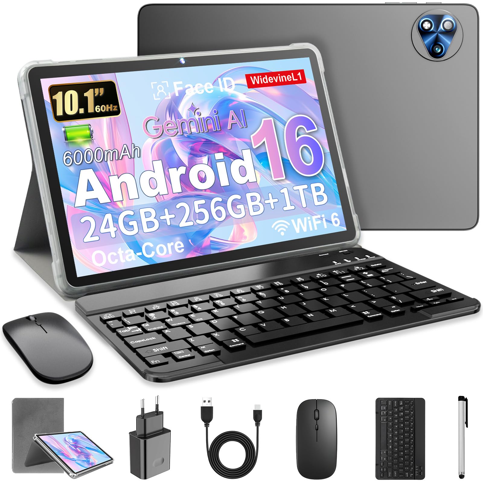 Android 16 Tablet 10 Zoll mit Gemini AI, Tablet mit Tastatur, Maus & Stylus, Octa-Core, 24 GB RAM + 256 GB ROM + 1 TB TF, 1920x1200 HD Display, 8MP + 13MP Kamera, 6000 mAh (Grau + Grau Hülle)