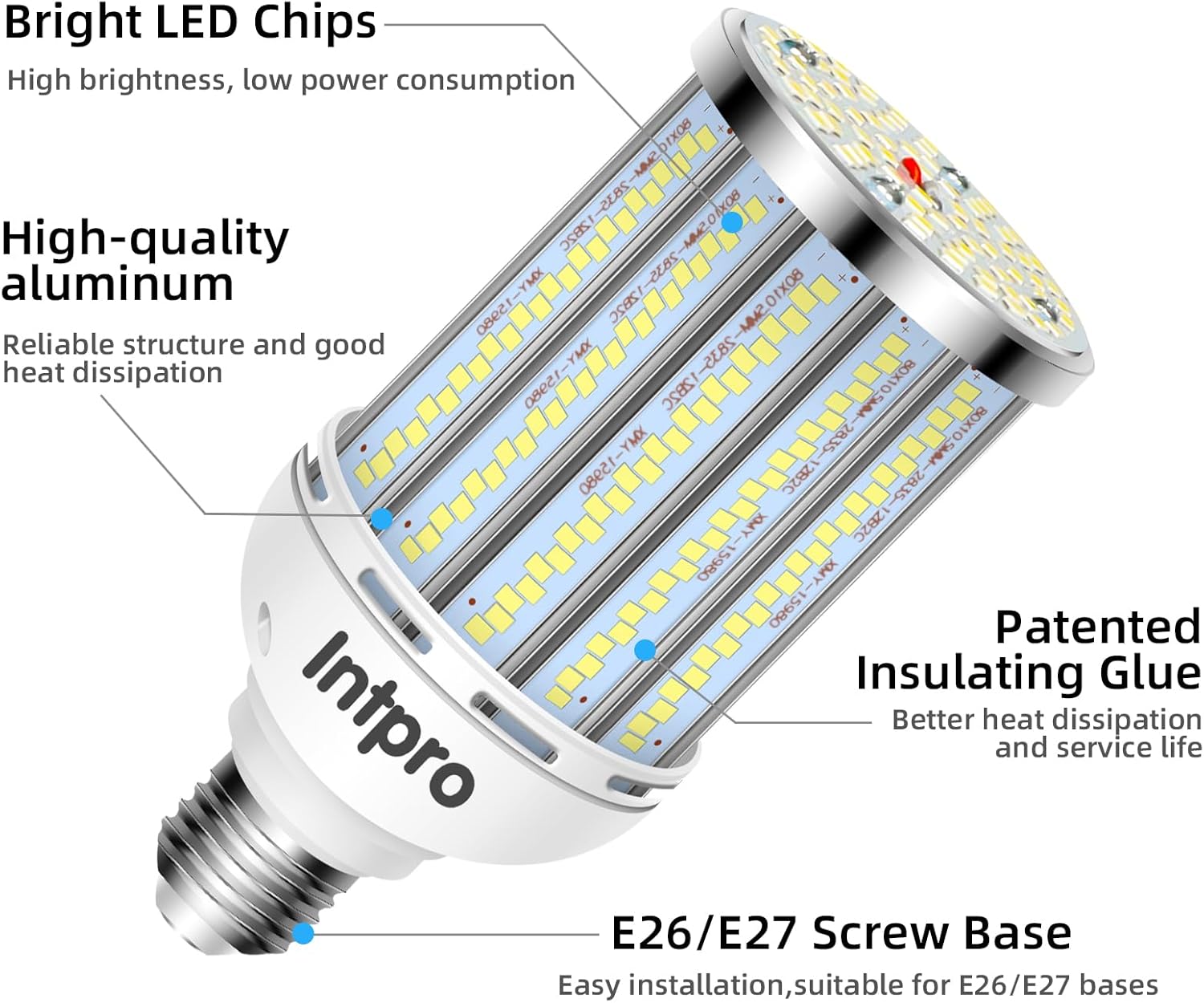 Intpro LED Corn Light Bulb LED Light Bulb 550W Equivalent 7500 Lumen 6500K 60W Large Area Cool Daylight White E26/E27 Base for Outdoor Indoor Garage Warehouse Factory Workshop Street Backyard 2Pack