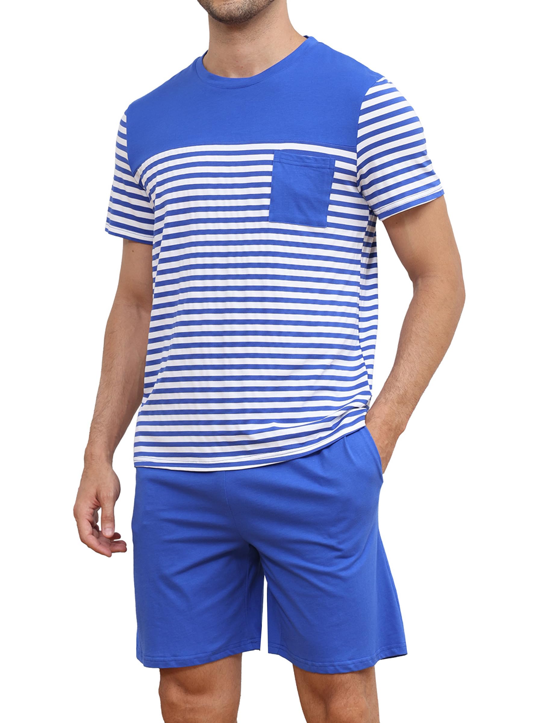 Reliwel Men's Blue Short Pyjamas Set Pyjamas For Short Set Cotton Striped Short Sleeve Pajama Set Pajamas Round Neck T-Shirt Sleepwear Set Nightwear Pj's S