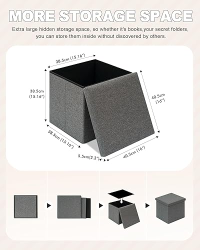 Miniatura 17 de B FSOBEIIALEO - Reposapiés otomano plegable de lino con espacio de almacenamiento, también utilizable como mesa de café Rectángulo