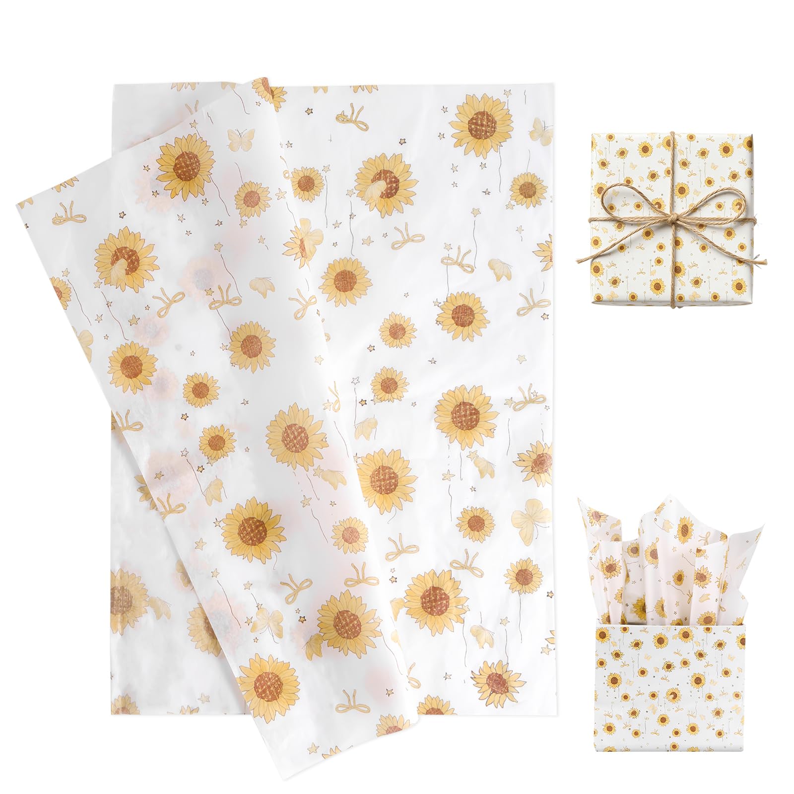 30 Sheets Floral Tissue Paper, 50x35cm/20x14in Printed Vintage Flower Pattern Wrapping Craft Paper Bulk for Birthday Packaging Party Decorations DIY Projects and Gift Bags (Sunflower Style)