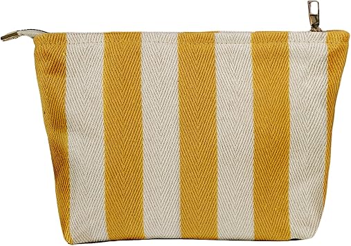 Yellow Striped Makeup Bag for Women, Canvas Cosmetic Bag, Travel Pouch for Purse, Zipper Makeup Pouch, Perfect for Storing Makeup Accessories, Daily Make up Organizer Gifting, Car Cosmetic Organizer