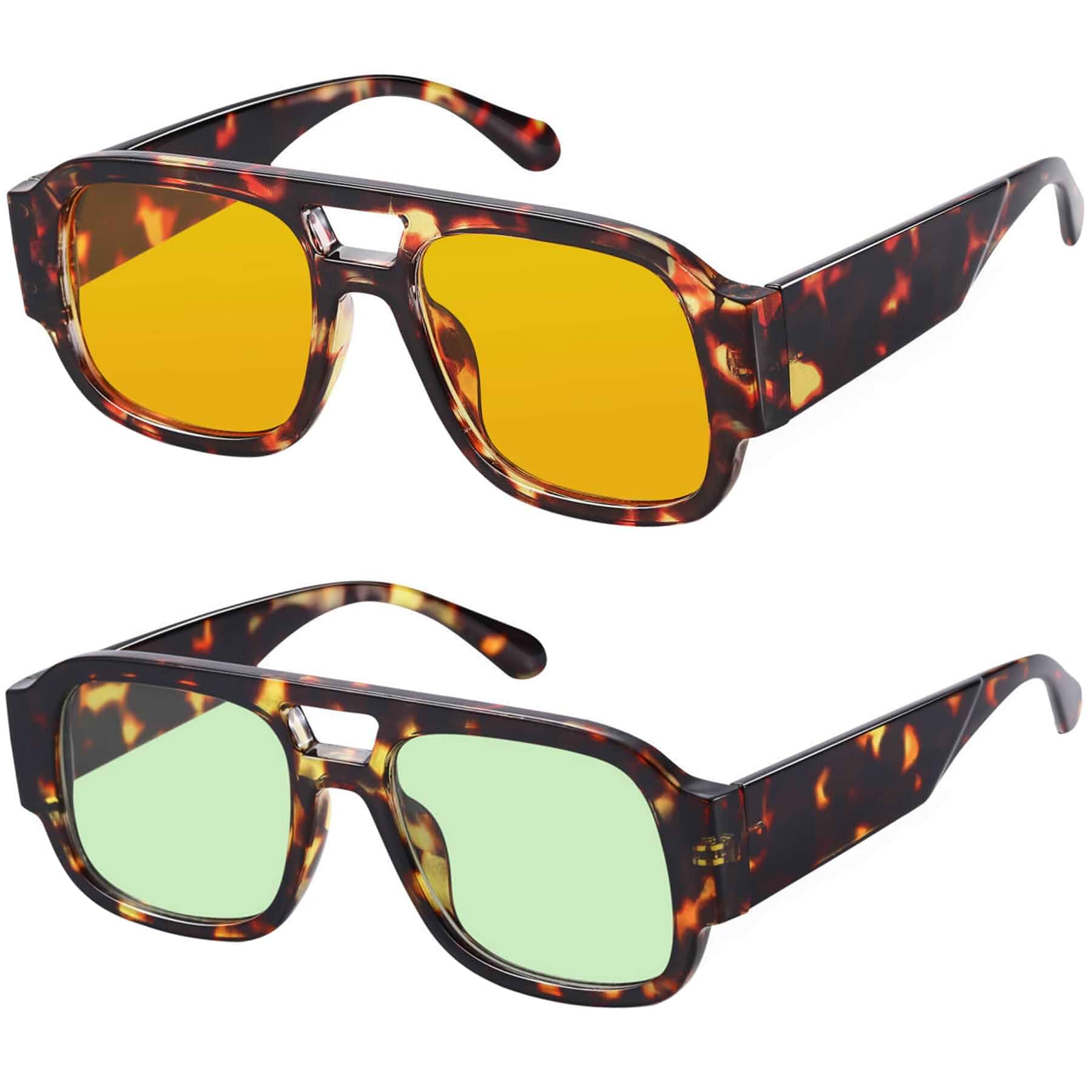 Retro Oversized Aviator Sunglasses Women Men Square Double Bridge Trendy Flat Top Thick Frame Sun Glasses 70s Vintage Style, Fashion Tinted Shades, Effortless Charm For All-Day Wear