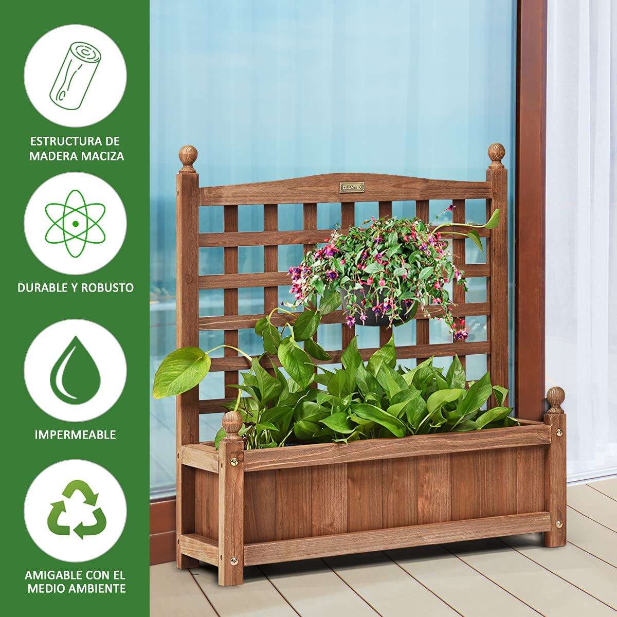 COSTWAY Maceta de Jardín con Enrejado, Jardinera de Madera con Agujeros de Drenaje, Cama Elevada para Plantas Trepadoras de Abeto y Flores para Jardín, Terraza, Patio 64,5 x 28 x 75cm