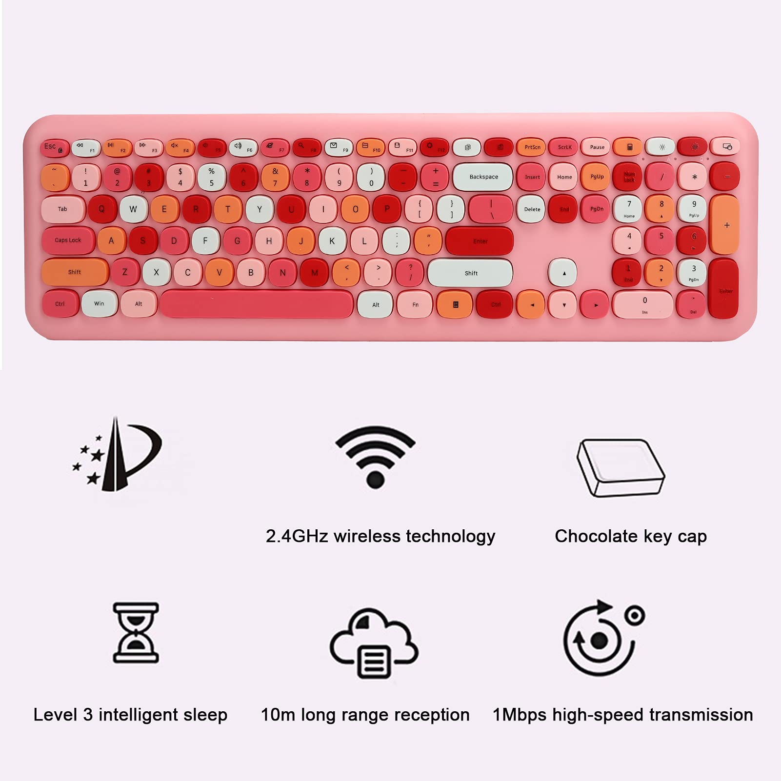 Bezprzewodowa Klawiatura i Mysz, Kolorowa, Okrągła Klawiatura do Pisania z Klawiaturą Numeryczną, Klawiatura 2.4G USB Kawaii Kompatybilna z Komputerem /Laptop/PC(różowe mieszane kolory)
