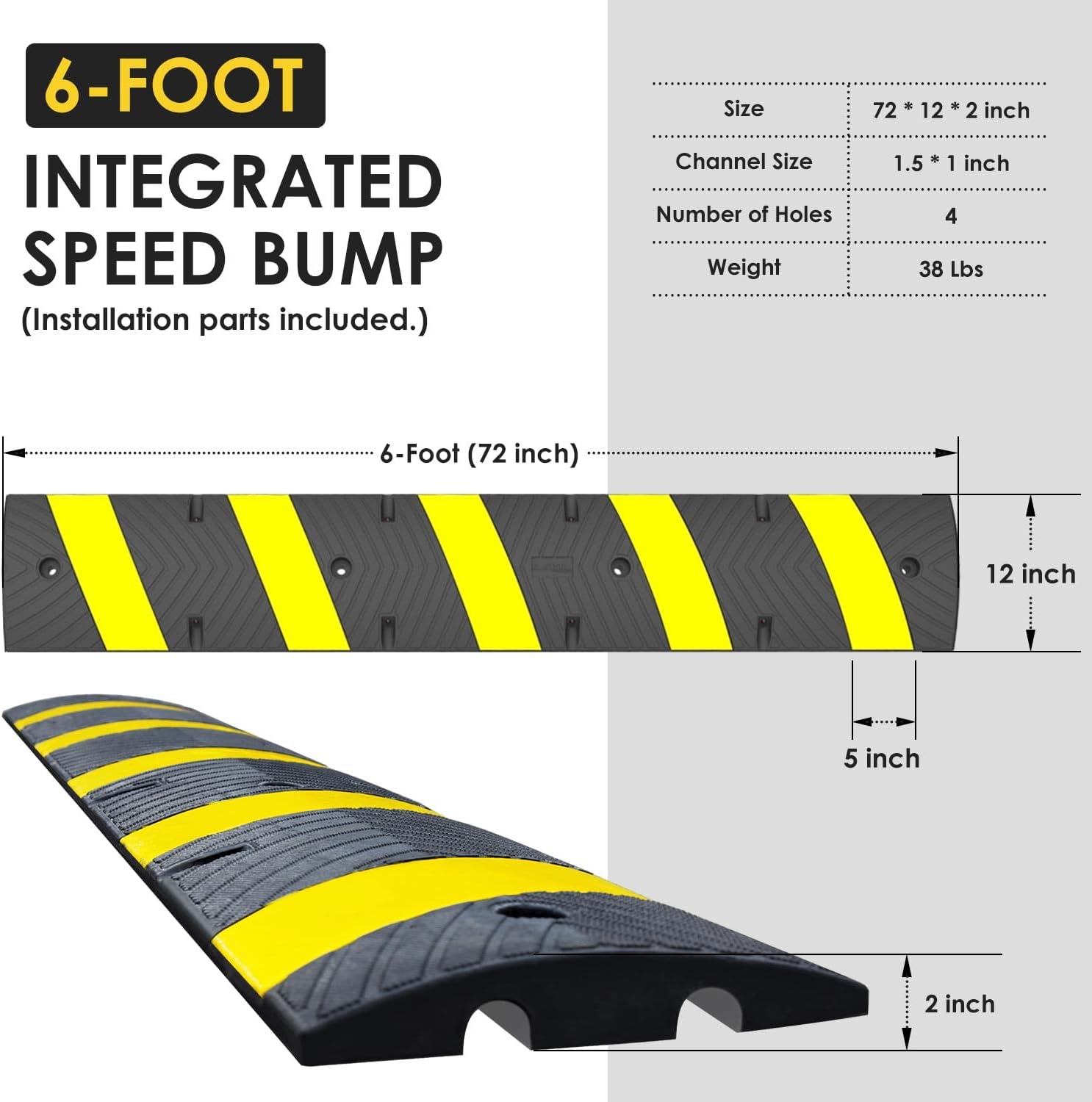 6' Ft 72" Inch Heavy Rubber Speed Bump Hump, 1-Piece Integrated Cable Cover Ramp, Installation Parts Included, Road Safety Bumps for Garage Parking Lot, Speed Control (72" Speed Bump x 1Pc)