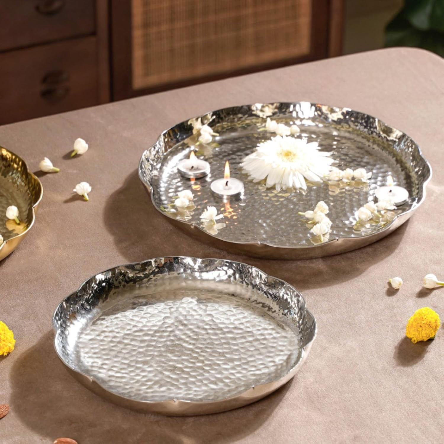 Nestasia Aluminium Urli Set of 2 for Diwali Decor - Textured Decorative Diya Tray for Floating Flowers and Tea Light Candles - Diwali Decoration Items for Home Decor - Ideal for Gifting (Silver)-image-42