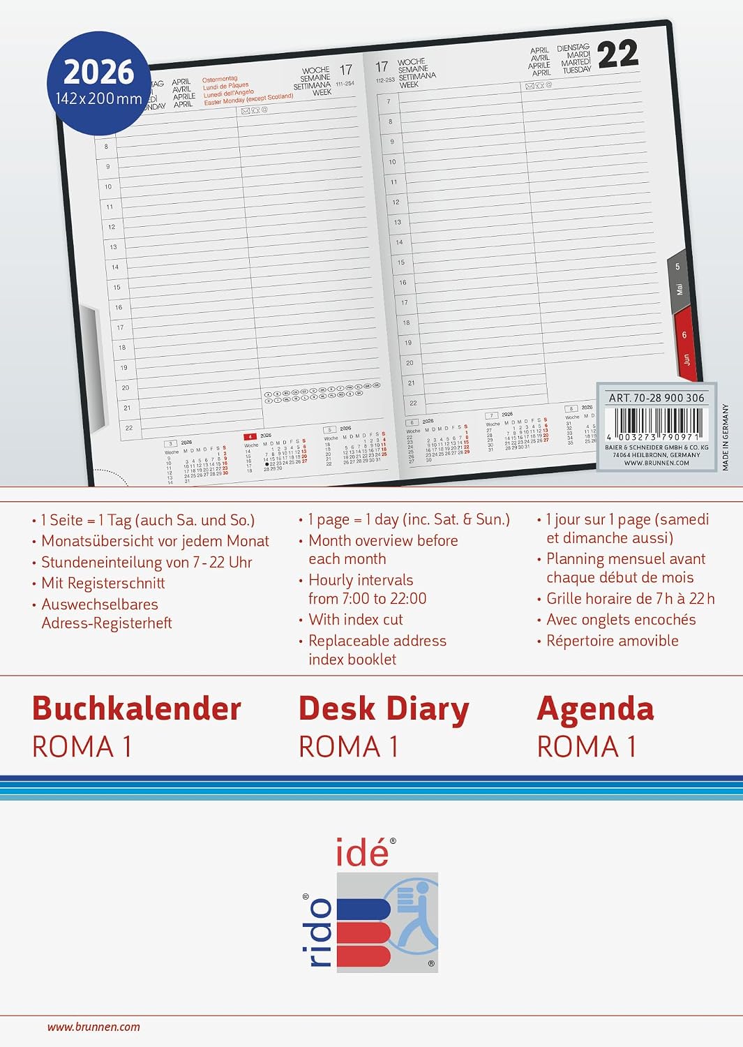 rido/idé Book Calendar Model Roma 1 2026 | A5, Faux Leather, Blue
