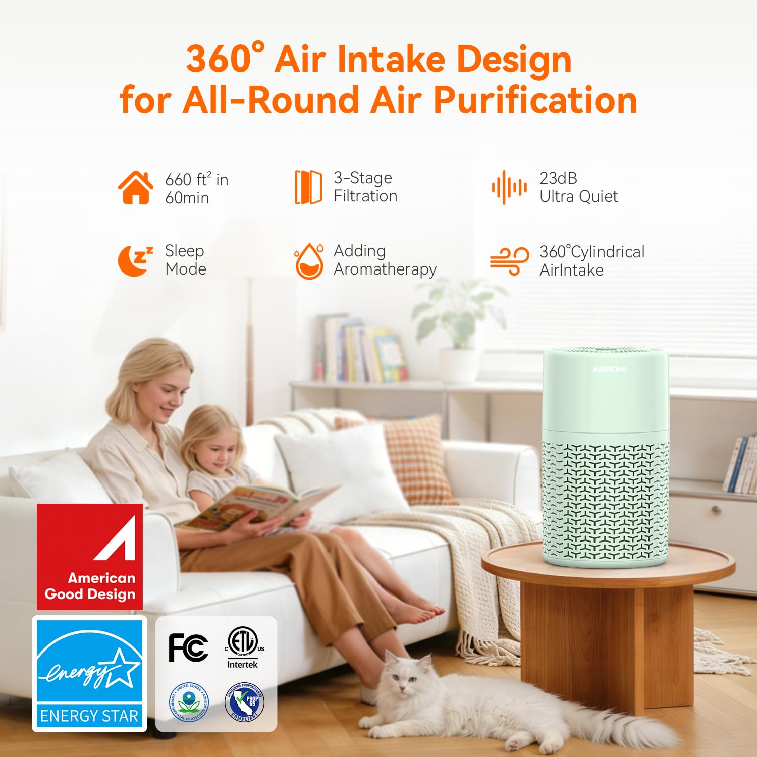 AIRROMI Purificatore d'aria per animali domestici per allergie domestiche, fino a 100 m². Filtro HEPA a carbone attivo deodorante, con spugna profumata per dormire meglio, luce notturna, peli di