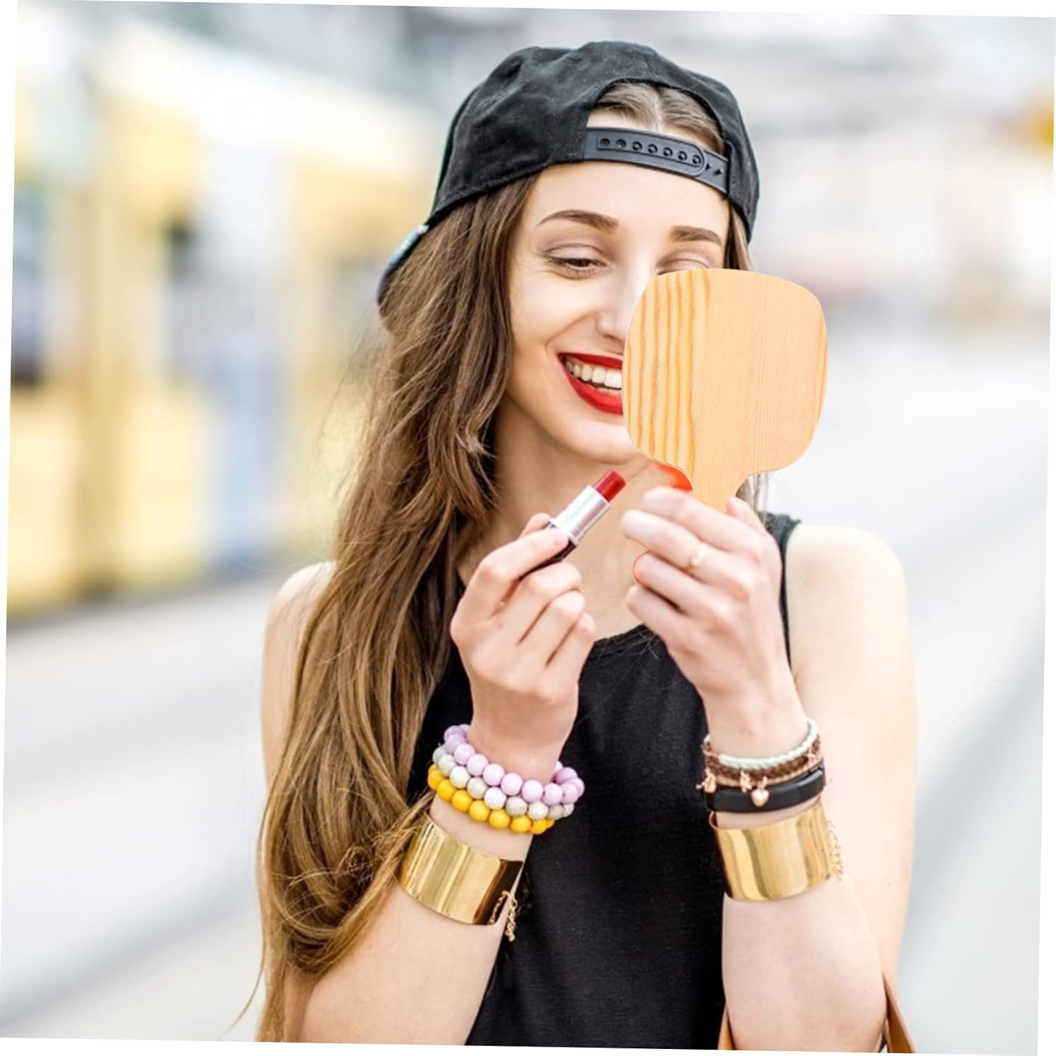 WOONEKY Handheld Mirror Vintage Compact Led Makeup Mirror Wooden Handle Portable Beautiful Cosmetic Tool for Women