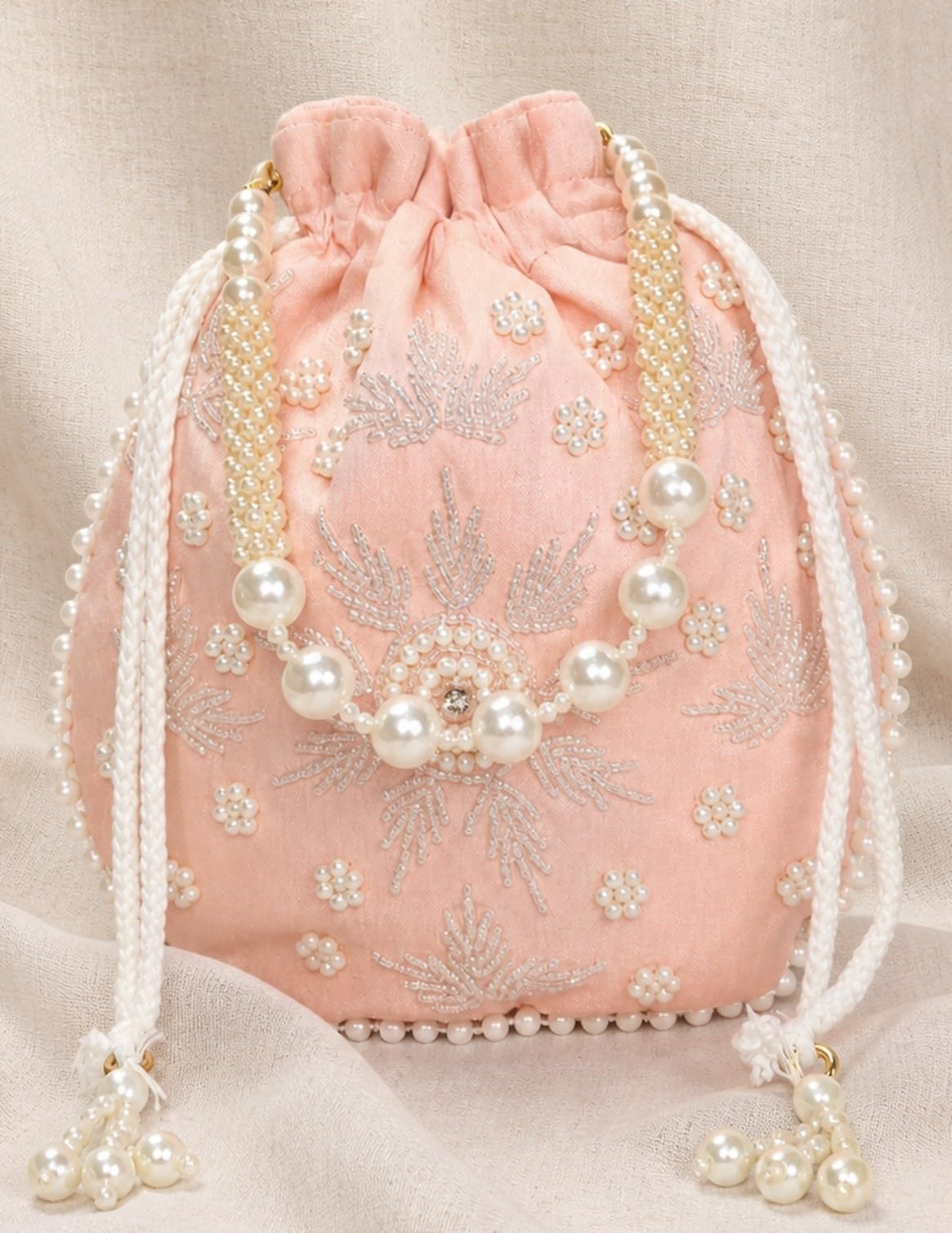 JDDCART Embroidered Peach Pink Potli Bag with Pearl Handle-image-0