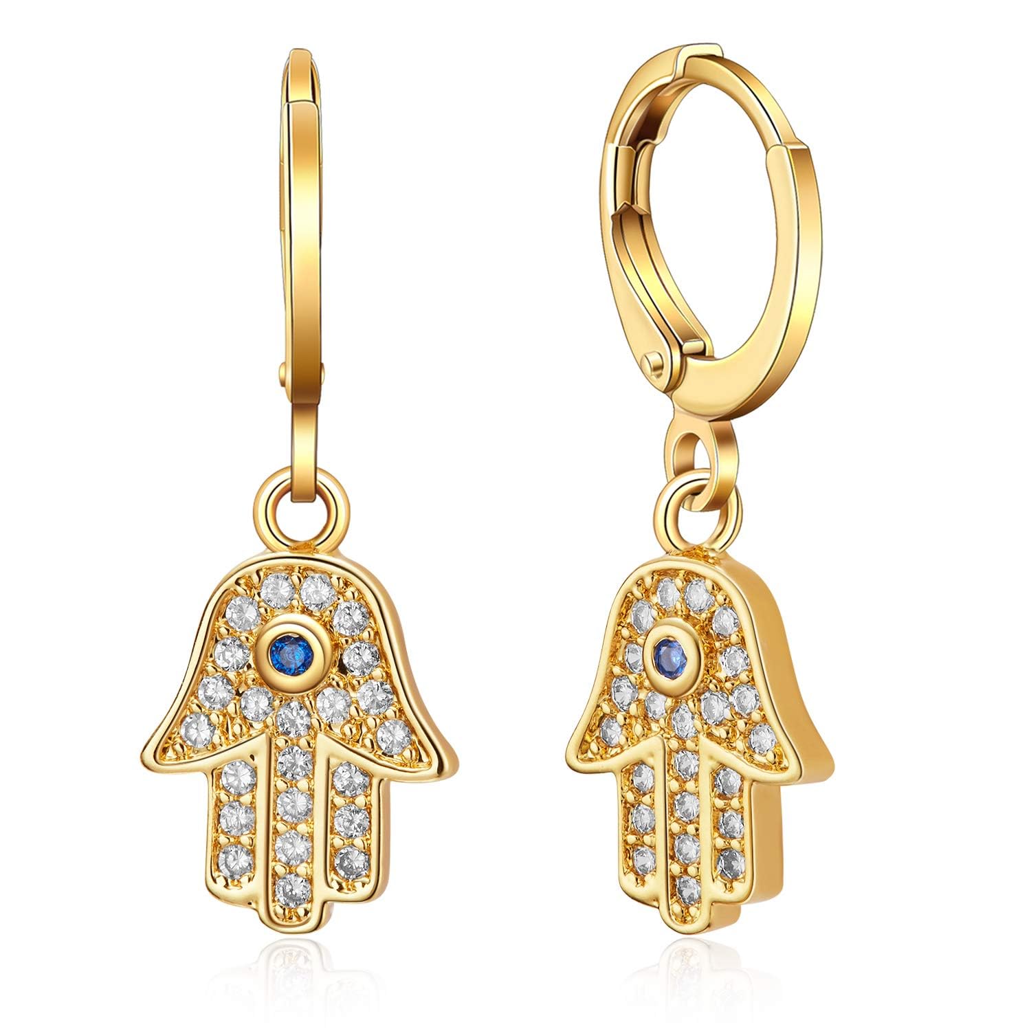 SANNYRA Huggie Earrings for Women - 14K Gold Plated Beach Sea Drop Dangle Earrings - Starfish Butterfly Moon Star Seashell Beachy Jewelry 22 Hamsa