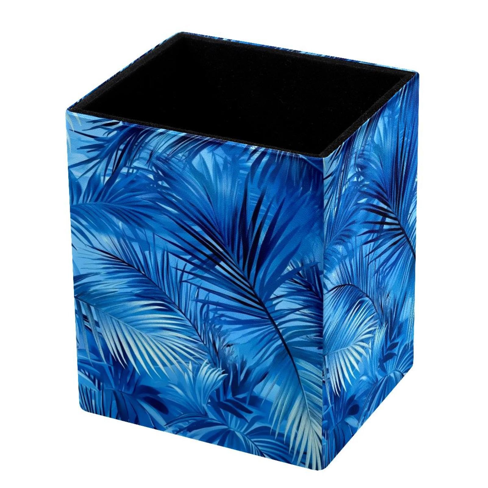 VAPOKF Pencil Holders for Desk, Blue Palm Leaves Printed Pen Holders Pen Pot Makeup Brushes Storage Desktop Stationery Supplies Organiser for Home Office