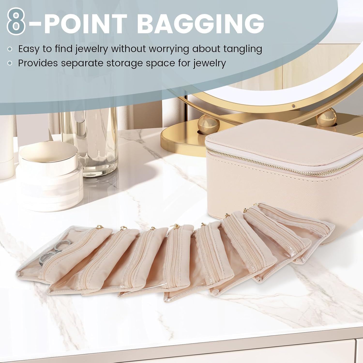 Jewelry Box Organizer Portable Case with 8 Jewelry Bags PU Leather Travel Practical Storage Holder Box for Ring Necklace (Pink 2pcs)