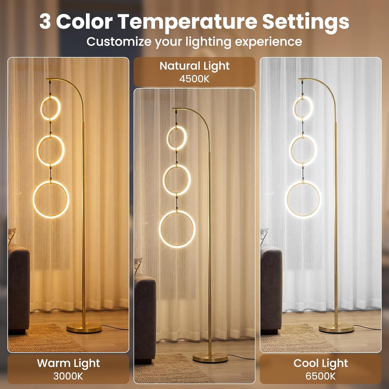 Giantex 71'' Modern 3-Ring LED Floor Lamp, Dimmable Standing Lamp with Foot Switch, 3 Color Temperatures Tall Contemporary Light for Living Room, Bedroom, Office, Gold