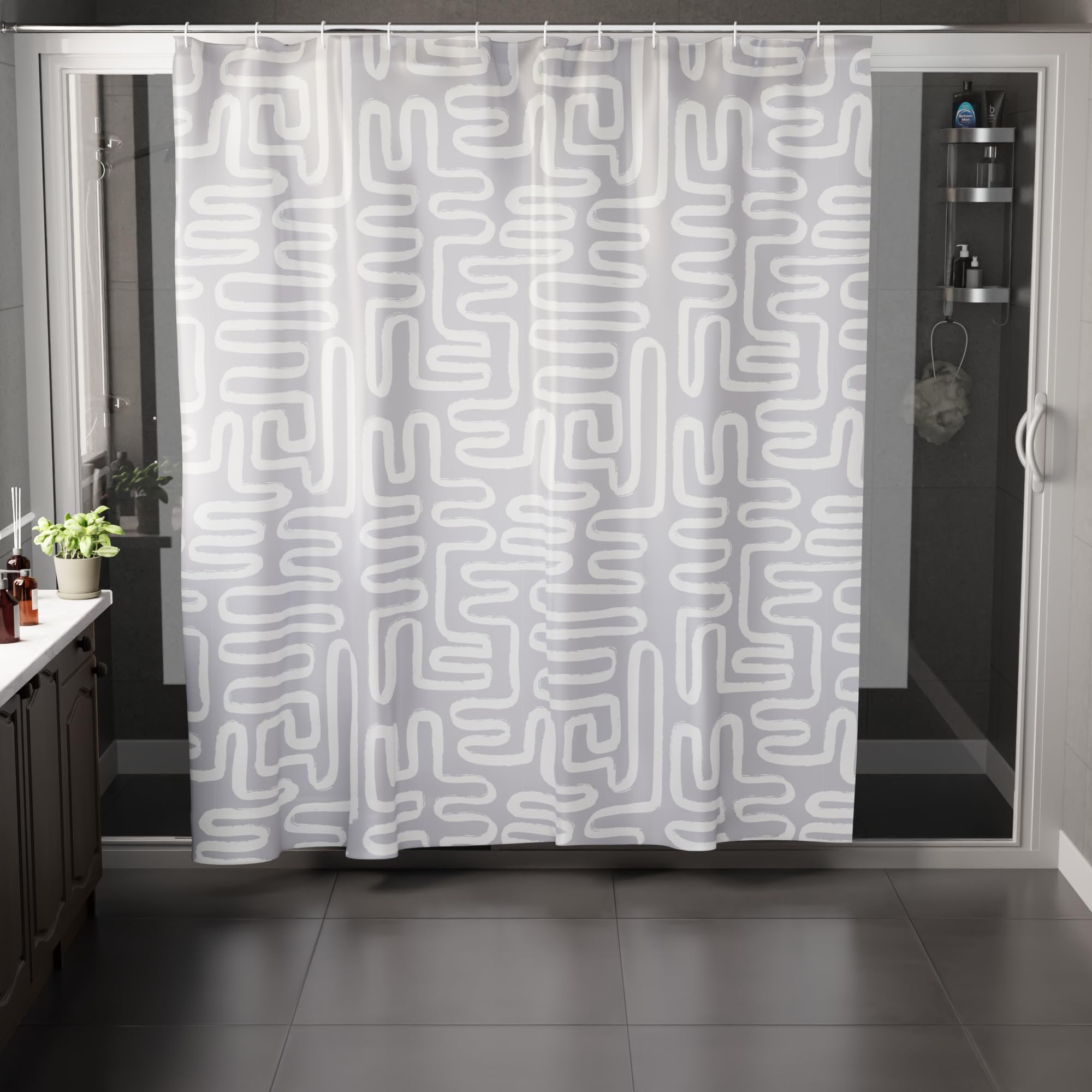 Encasa XO Bathroom Shower Curtain 7 Feet with 10 Hooks | (55x83 in) Quick Dry Heavy Printed Polyester Fabric Bathroom Curtains Waterproof | Machine Washable, Mould & Mildew Resistant - Boho Maze Grey