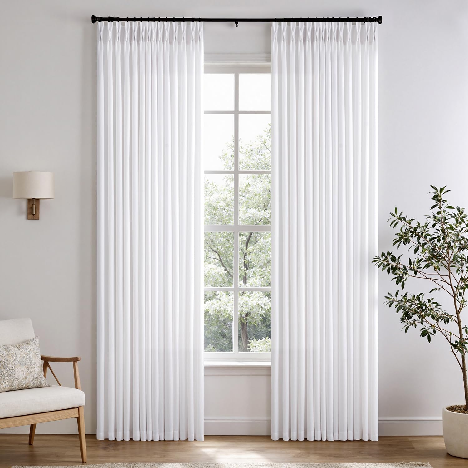 White Pinch Pleated Linen Sheer Curtains 120 Inches Long, Memory Shape Pleated Curtains Living Room Bedroom, Natural Textured Thick Semi Sheer Privacy Curtain Drapes Farmhouse Light Filtering Curtain