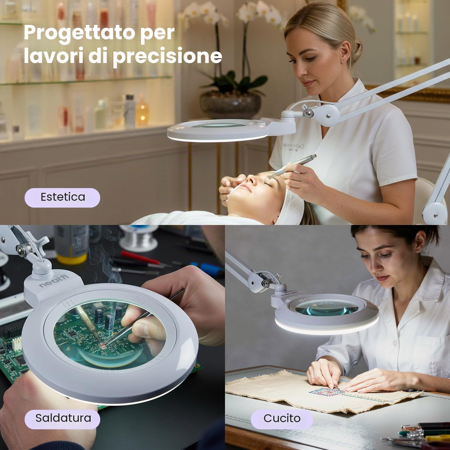 Neatfi XL bifocale Lampada d’ingrandimento LED, dimmerabile | 3 modalità di illuminazione, braccio regolabile e morsetto di fissaggio (Lente da 18 cm)