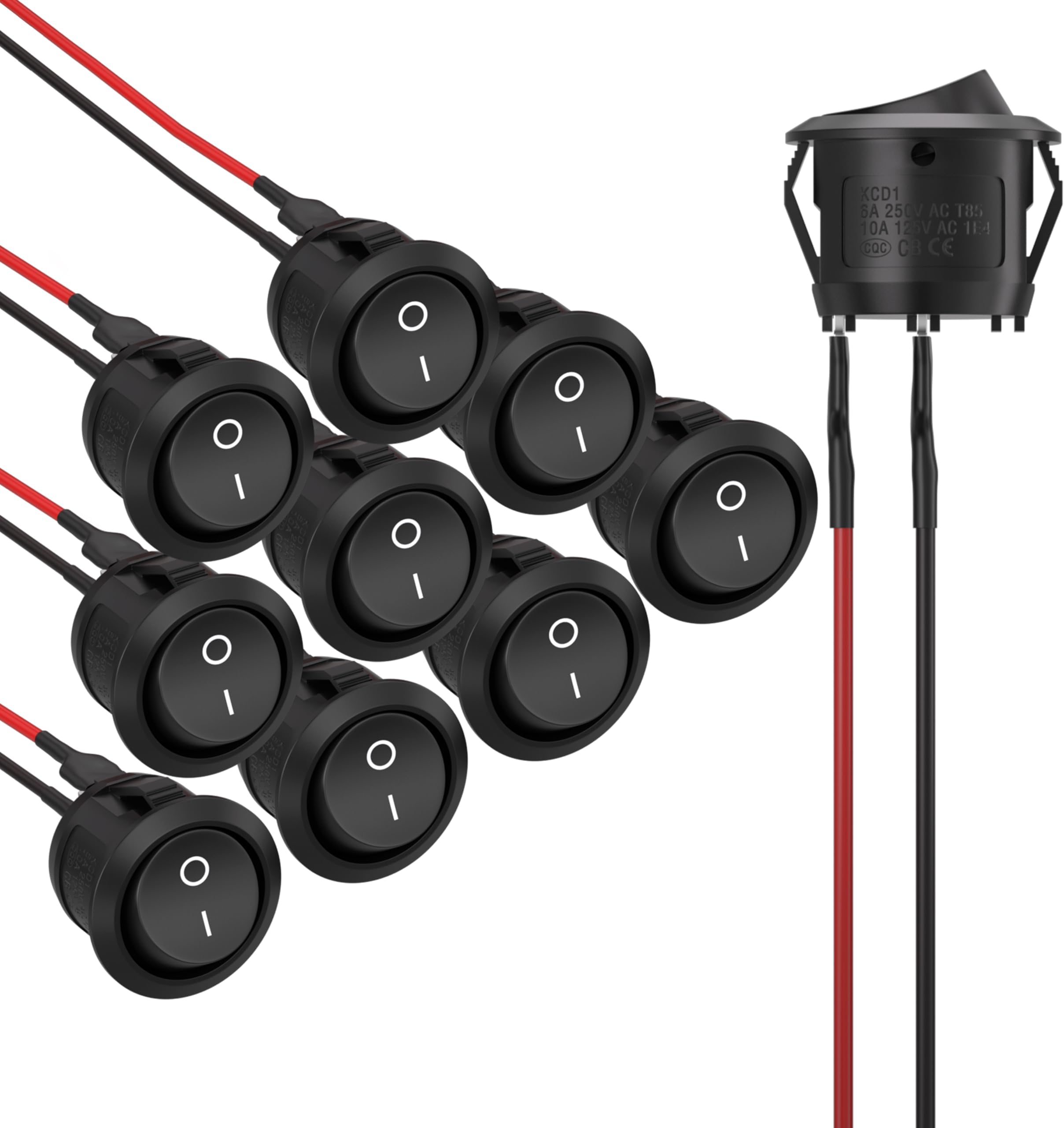 10Pcs Rocker Switch ON Off KCD1 Mini Round Toggle Switch SPST 2Pin Snap-in Design Car Boat Automotive with Wires Pre-Wired AC 6A/250V 10A/125V 12VDC