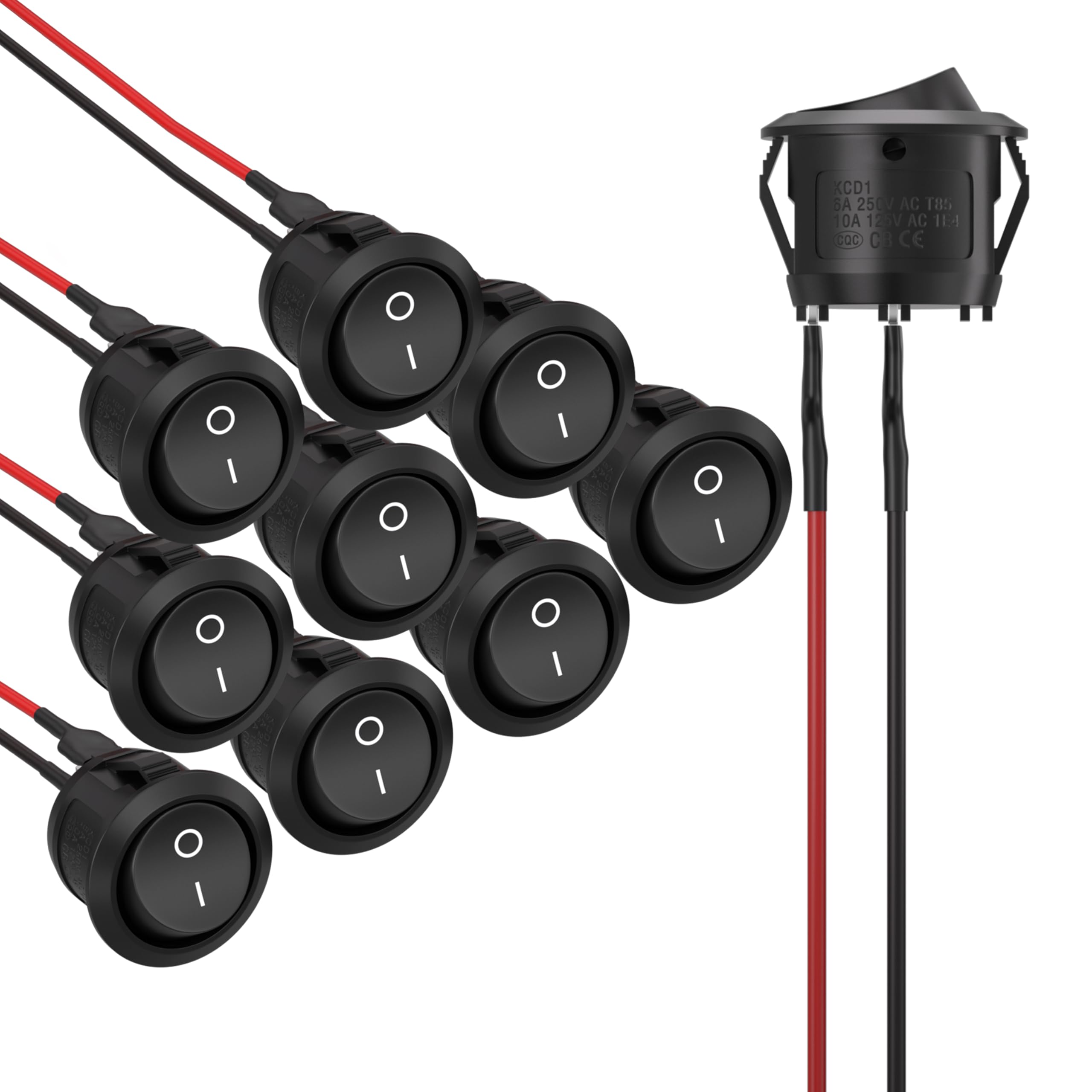 APIELE 10Pcs Rocker Switch ON Off KCD1 Mini Round Toggle Switch SPST 2Pin Snap-in Design Car Boat Automotive with Wires Pre-Wired AC 6A/250V 10A/125V 12VDC