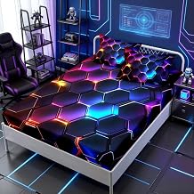 HOSIMA Geometric Hexagon Twin Bedding Sets,1 Fitted Sheet+2 Pillowcases. | 3D Honeycomb Pattern Fitted Sheet for Kids Teen Boy Room Decor,Lightweight Colorful Neon Lights Bedding