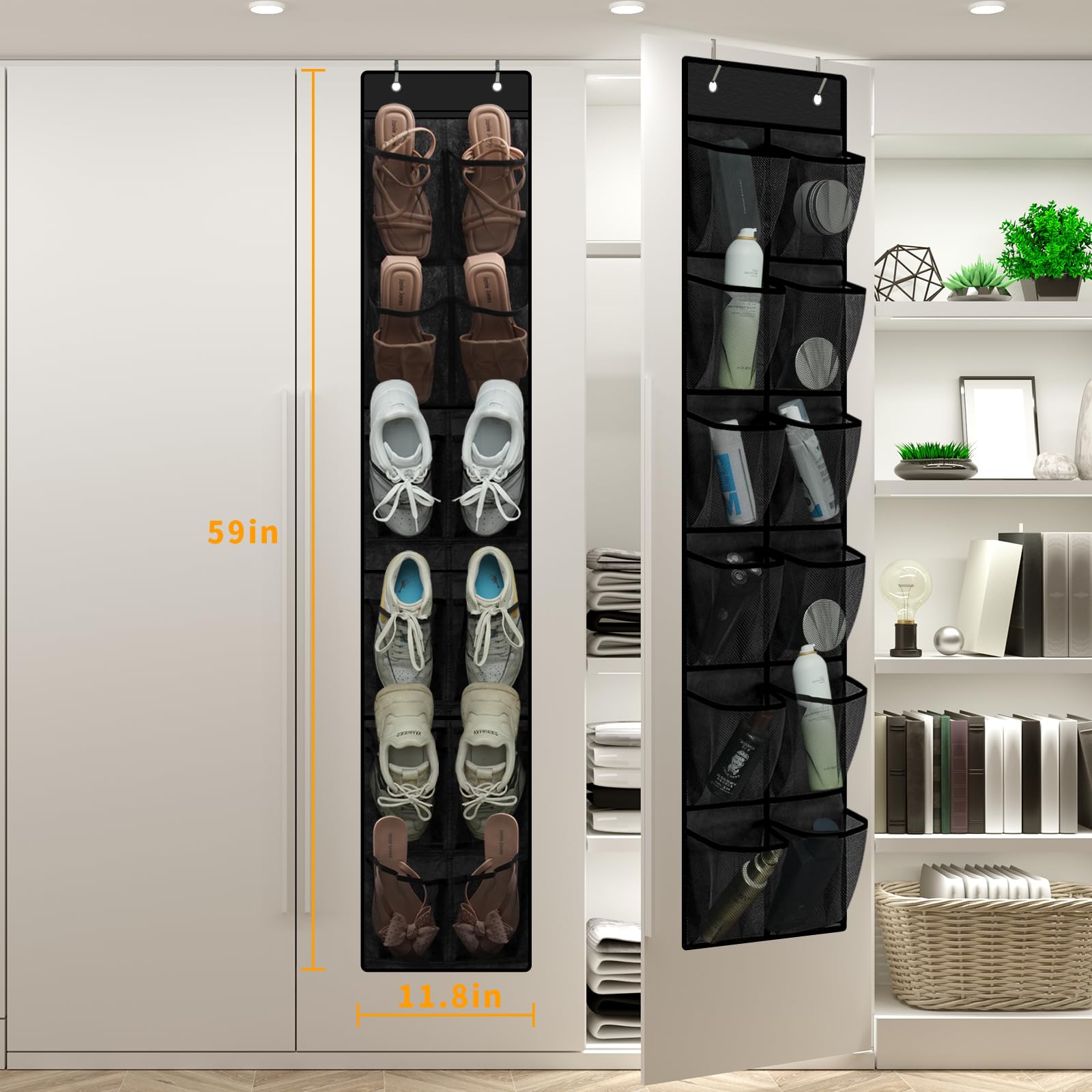MSLOVE Organizador de zapatos estrecho para colgar sobre la puerta, 12 bolsillos grandes de malla para organizar y almacenar armarios, color negro, paquete de 2