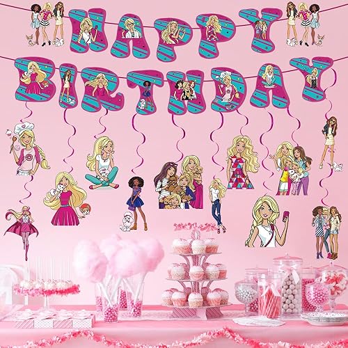 Miniatura 2 de Suministros de fiesta de cumpleaños de ensueño para niñas, pancarta rosa de feliz cumpleaños con 12 espirales colgantes, decoraciones de fiesta rosa