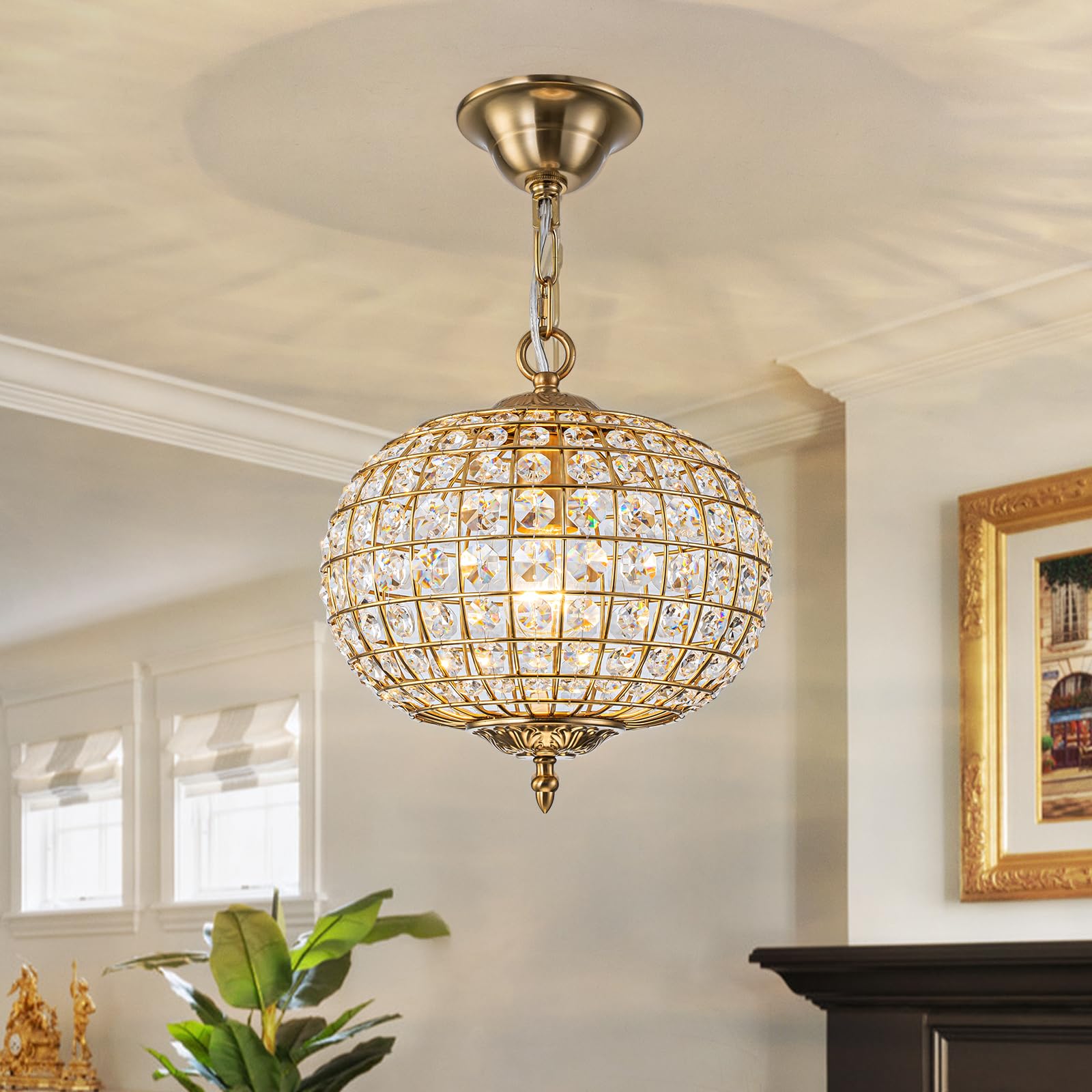 Gold Crystal Chandelier, 16.5" Modern 4-Light Round Crystal Pendant Light Antique Globe Foyer Chandelier for Dining Room Living Room — Amazon image 10