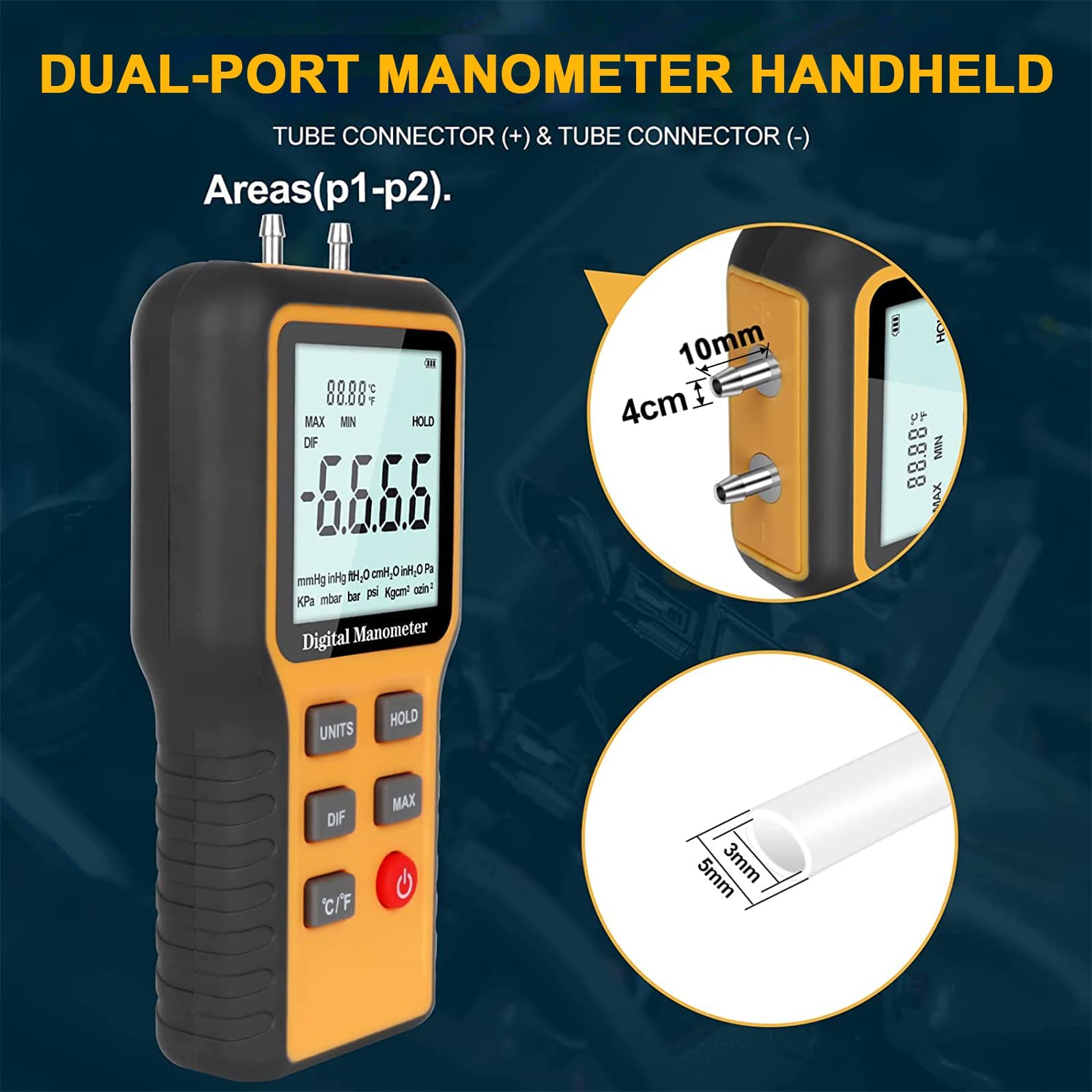 Manometer, Professionelles Luftdruckmesser, Handheld HVAC 12 Selektierbare Einheiten Differenzdruckanzeige,Dual-Port-Manometer-Gasdrucktester mit Hintergrundbeleuchtung (enthaltene Batterie)