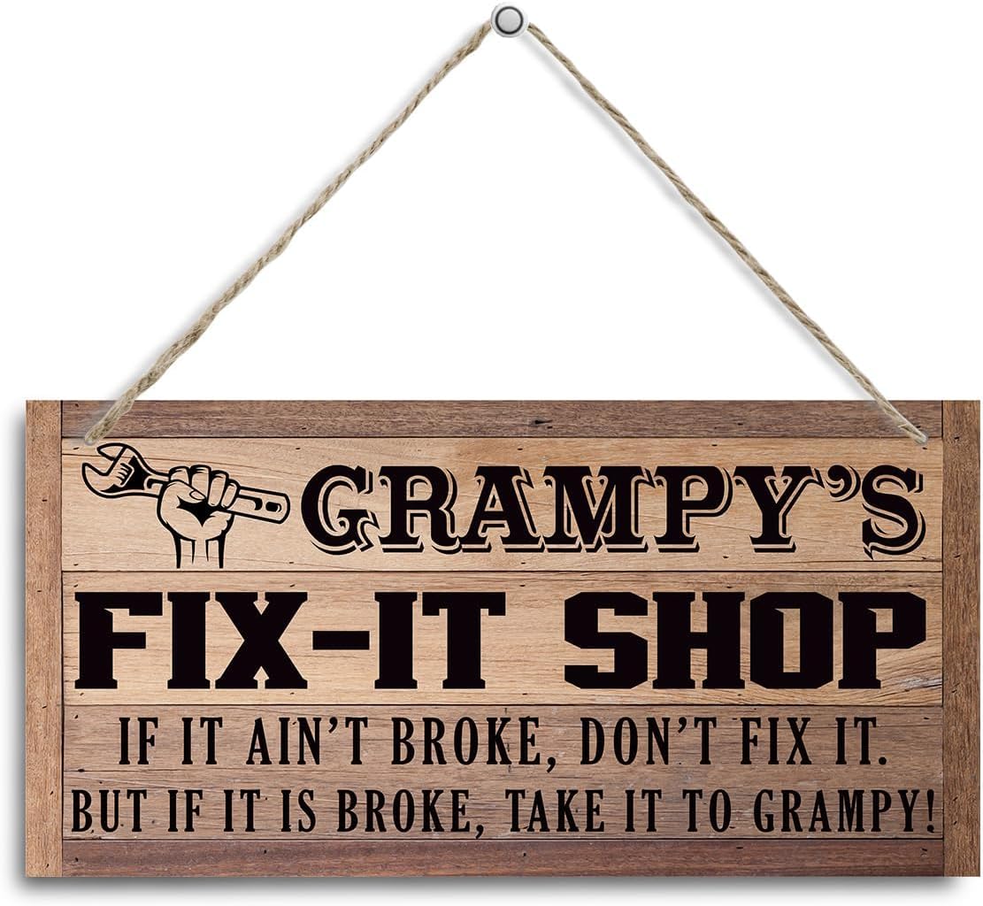Pibonto Women's Wall Art 5X10 Inch Grampy Wood Sign,Grampy's Fix-It Shop Sign Gift For Grampy Grandpa,Decorative Hanging Wall Plaque Wood Sign,Tool Room Decor Sign,Garage Door Hanger,Gift For Mechanic Grampy,Father's Day Gift