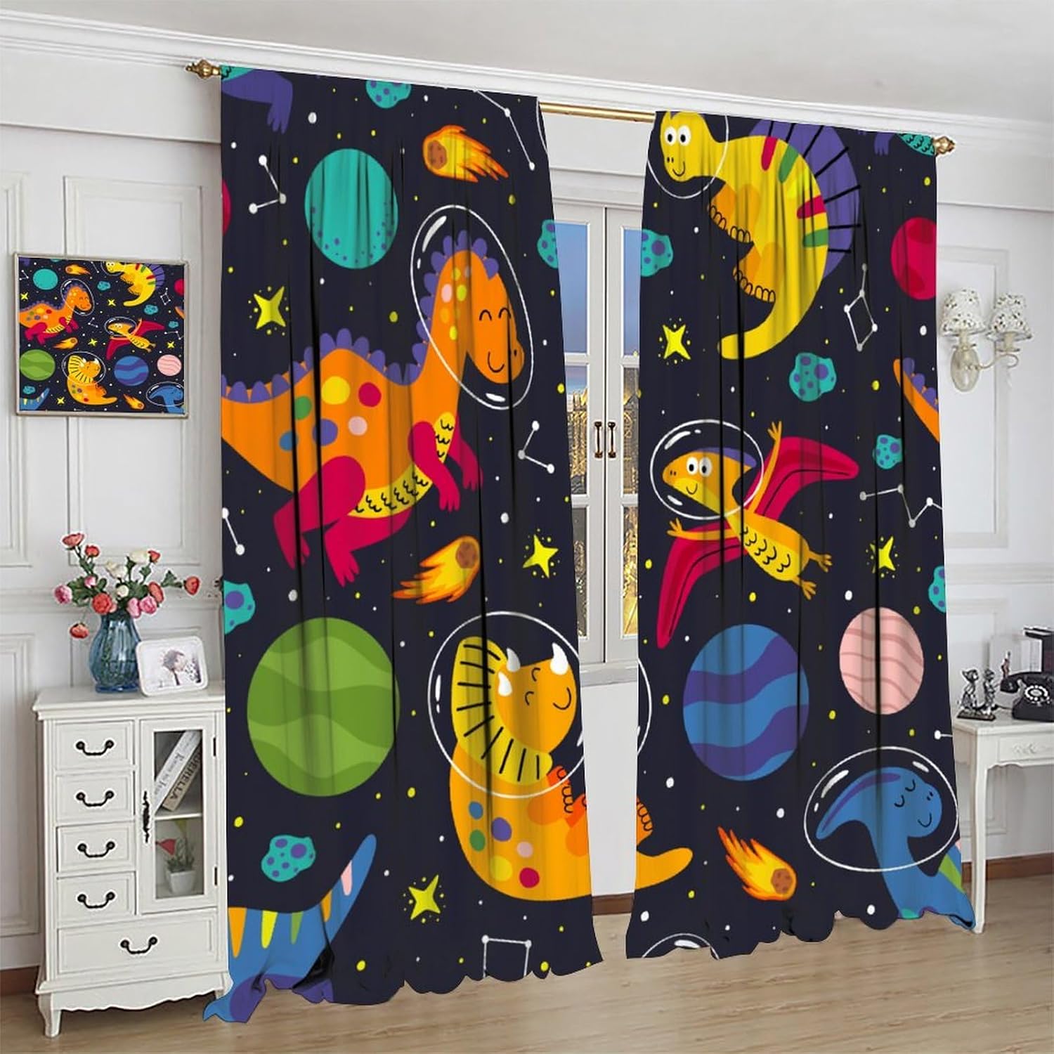 Kids Dinosaur Curtains, Cartoon Dino Outer Space Blackout Window Treatments for Girls Boys Bedroom Cute Safari Animal Planet Starry Star Window Drapes for Children Living Room W63xL72in