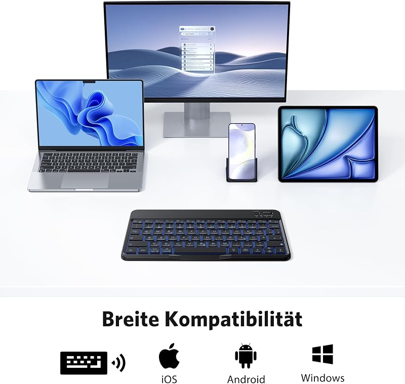 OMOTON Bluetooth Billentyűzet iPad iPhone Android Windows Telefonos Tartóval Háttérvilágítás Újratölthető QWERTZ