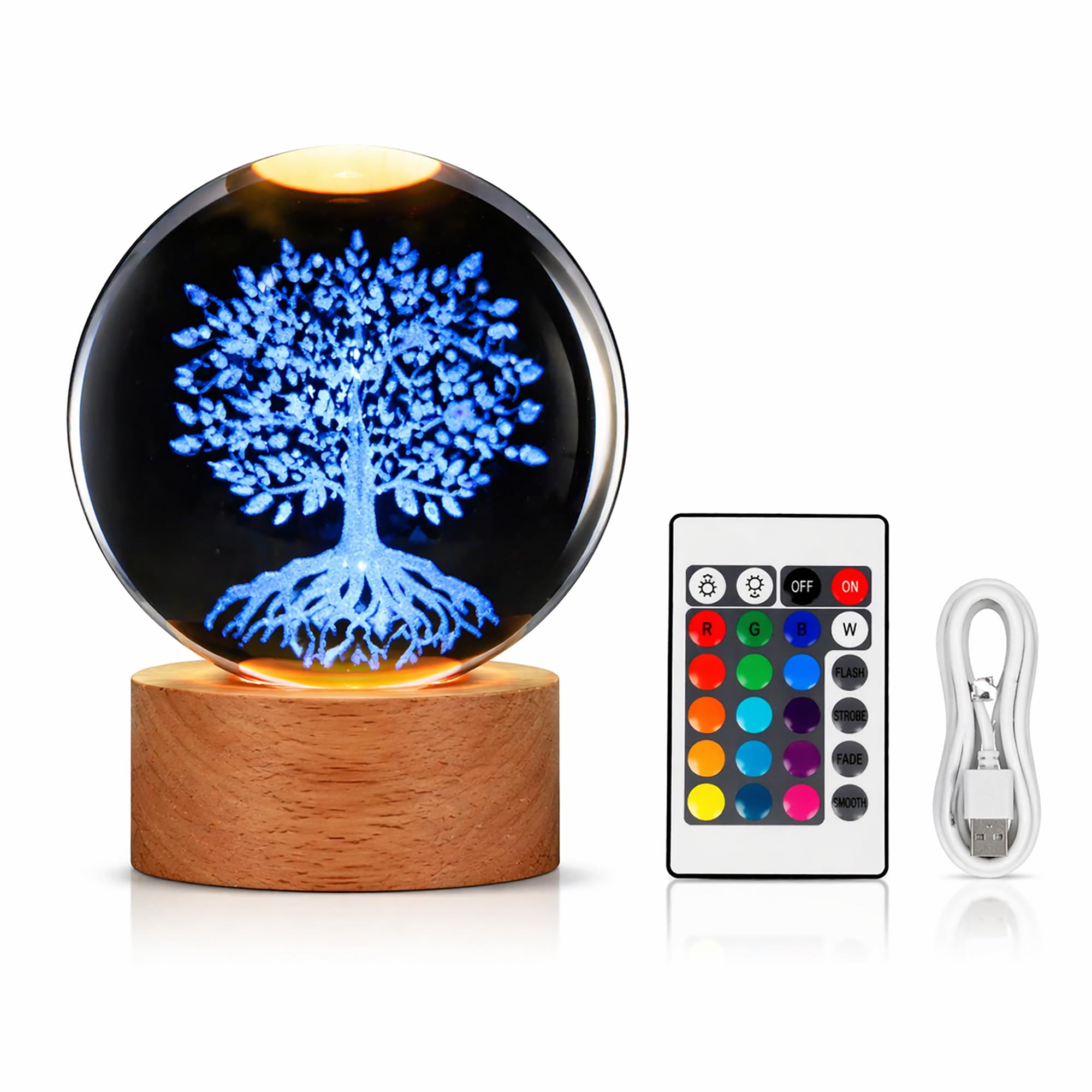 Tree of Life 3D Crystal Ball Night Light, 16 RGB Colours LED Lamp with Remote Control, Dimmable Brightness, USB Powered, Decor Glass Ball Wooden Base,for Bedroom,Living Room,Office,Tabletop,Home Decor