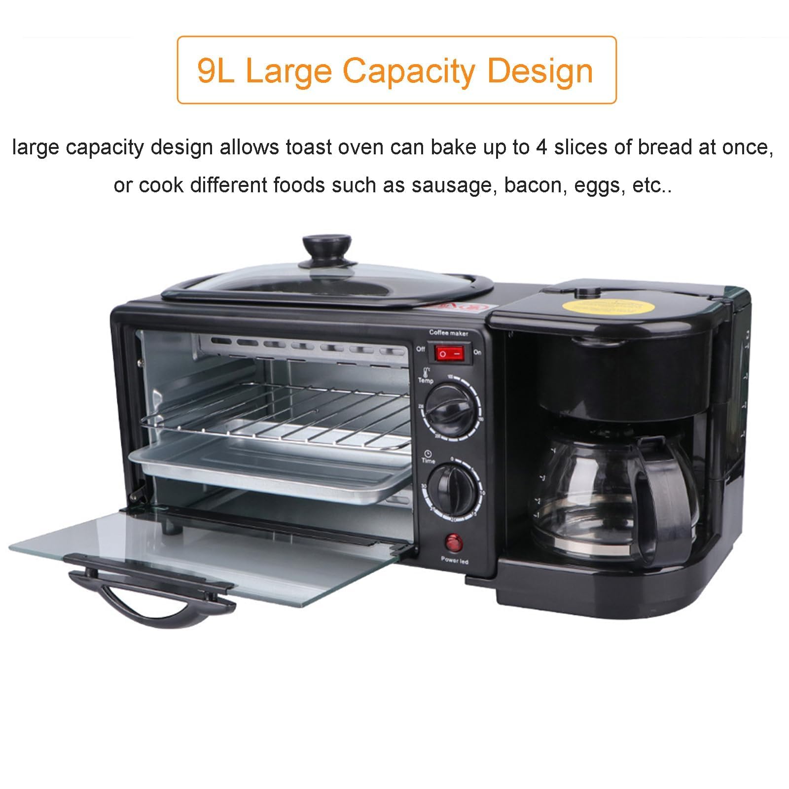 Stazione Colazione 3 in 1, Macchina per la Colazione Multifunzionale da 1250W con Forno Tostapane Antiaderente da 9L, Macchina da Caffè a Goccia e Padella per Piccola Cucina in Appartamento