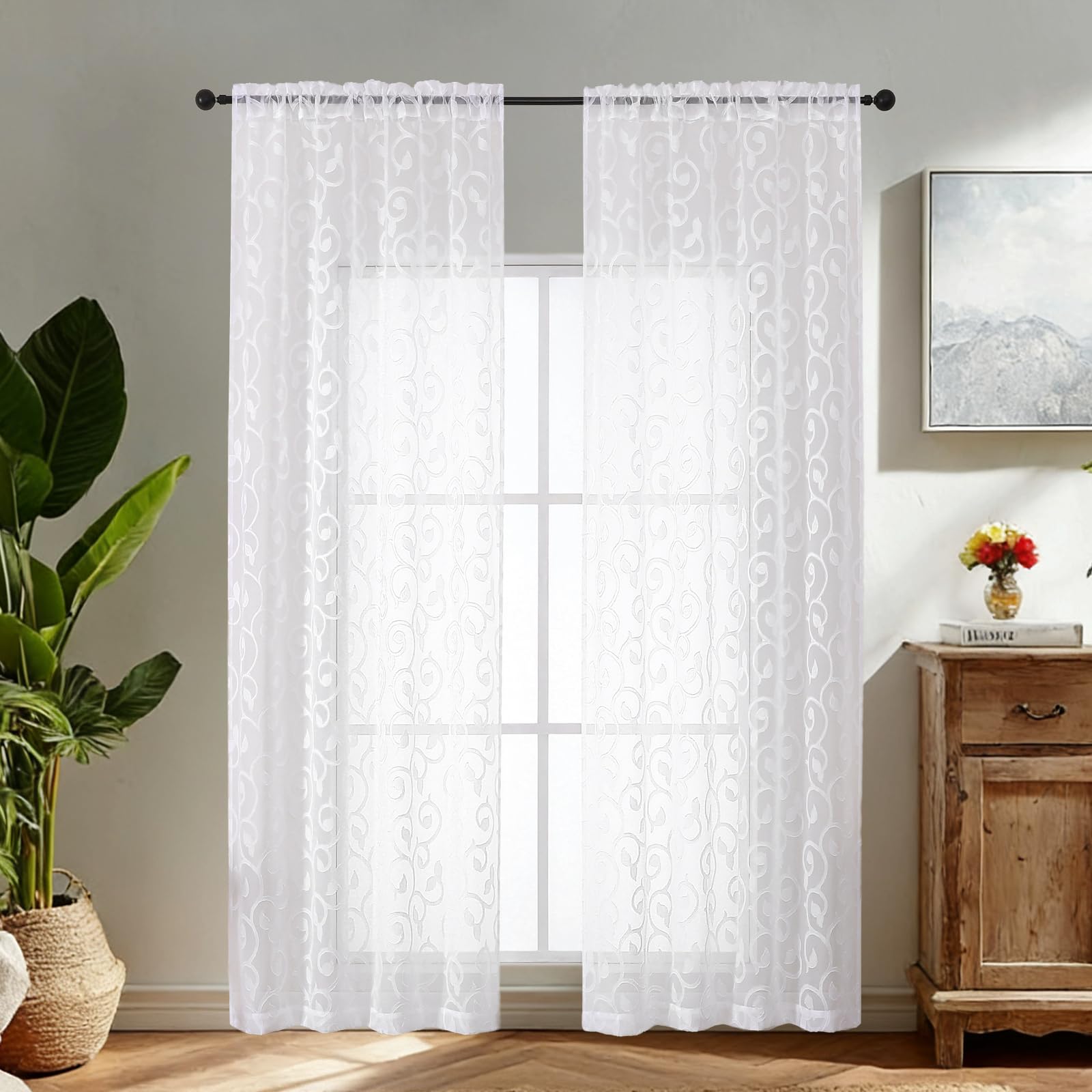 Simplebrand White Sheer Voile Curtains with Embroidered Pattern, 2 Panels 140x220cm, Dual Rod Pocket Light Filtering Bedroom Curtains