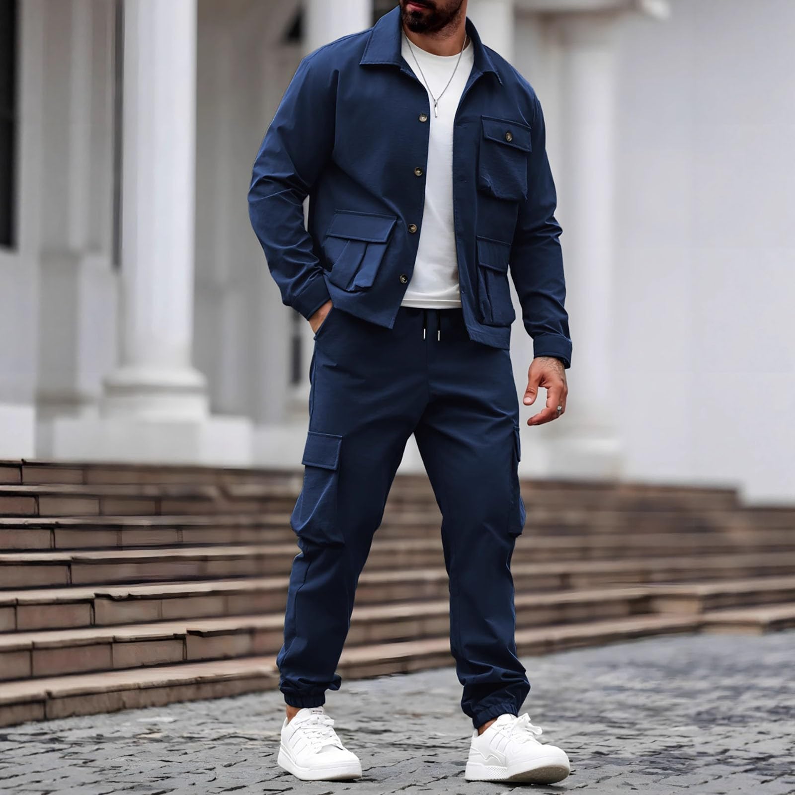 Conjunto completo de chándal para hombre, 2 piezas, chaqueta tipo | Conjuntos de entrenamiento elásticos, pantalones de escalada y camisetas de entrenamiento, con múltiples bolsillos