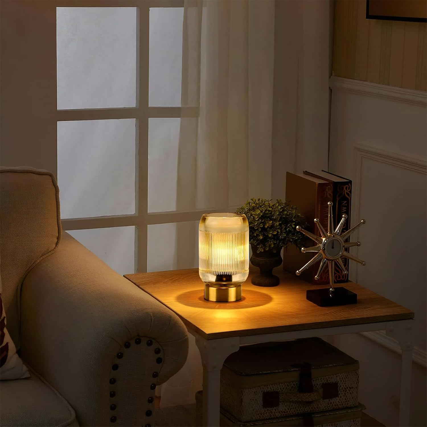 Small Battery Operated Lamp with Timer, Tiny Cordless Glass Table Lamp for Home Decor, Kitchen, Bathroom, Birthday Gift for Women, Ribbed Amber