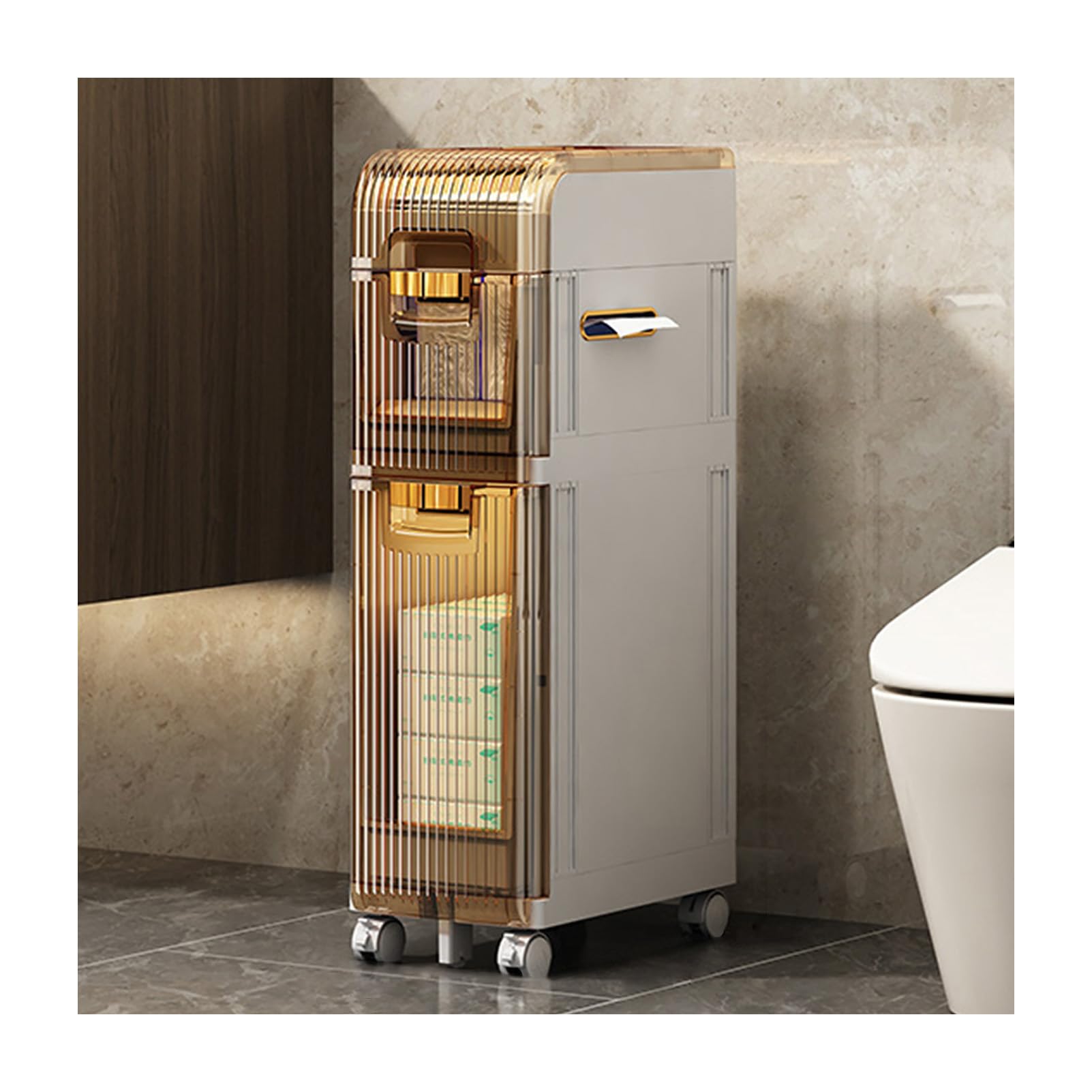 Armario de almacenamiento de baño con cajones y estantes de 3 niveles, color blanco, de pie, alto, estrecho, almacenamiento de esquina para baño pequeño