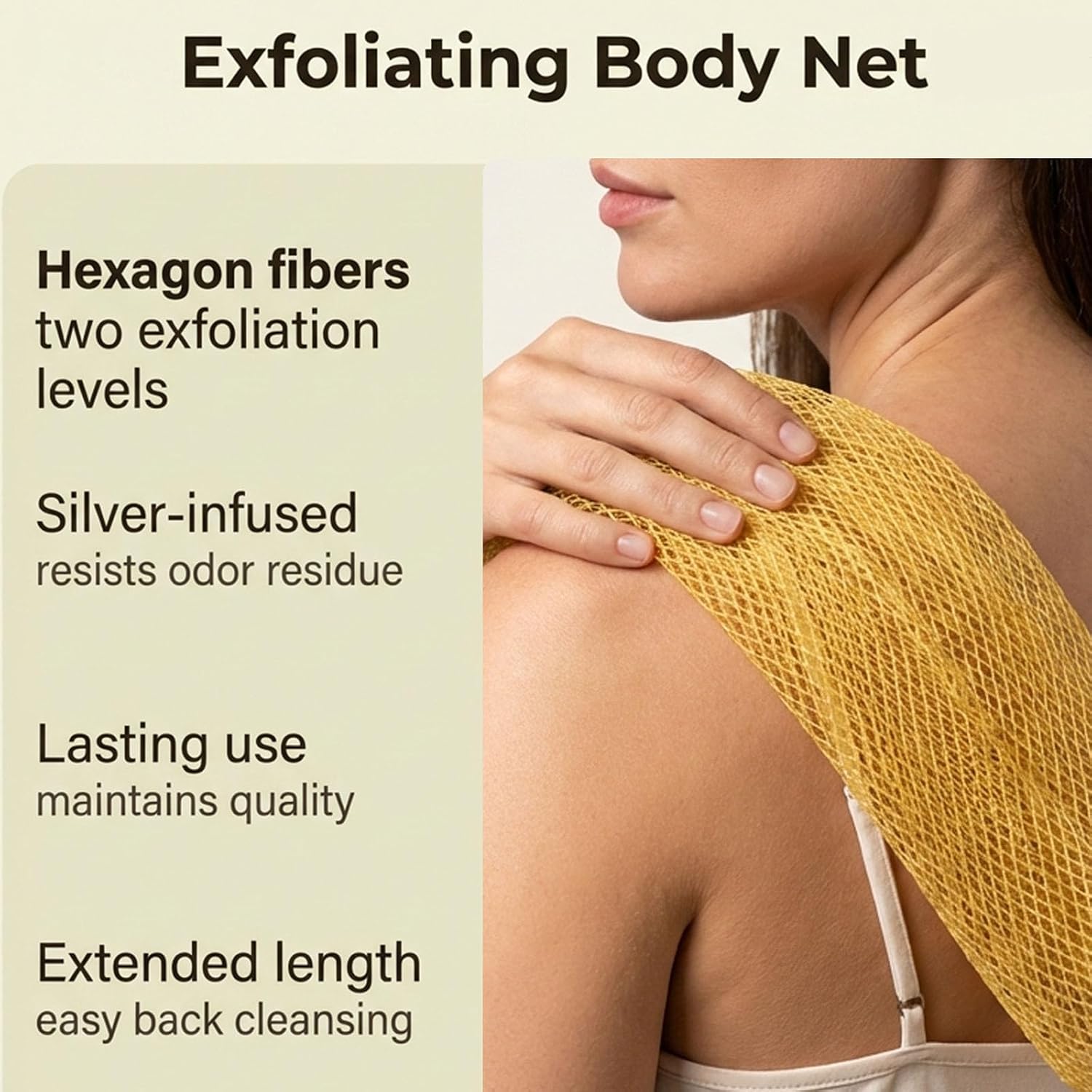 Exfoliating Bath Towel Nylon Shower Scrubber, Stretchable Body Wash Cloth with Hexagon Weave, Gentle Exfoliation, Quick-Dry Design, 40 x 80 cm (Black/Gold)