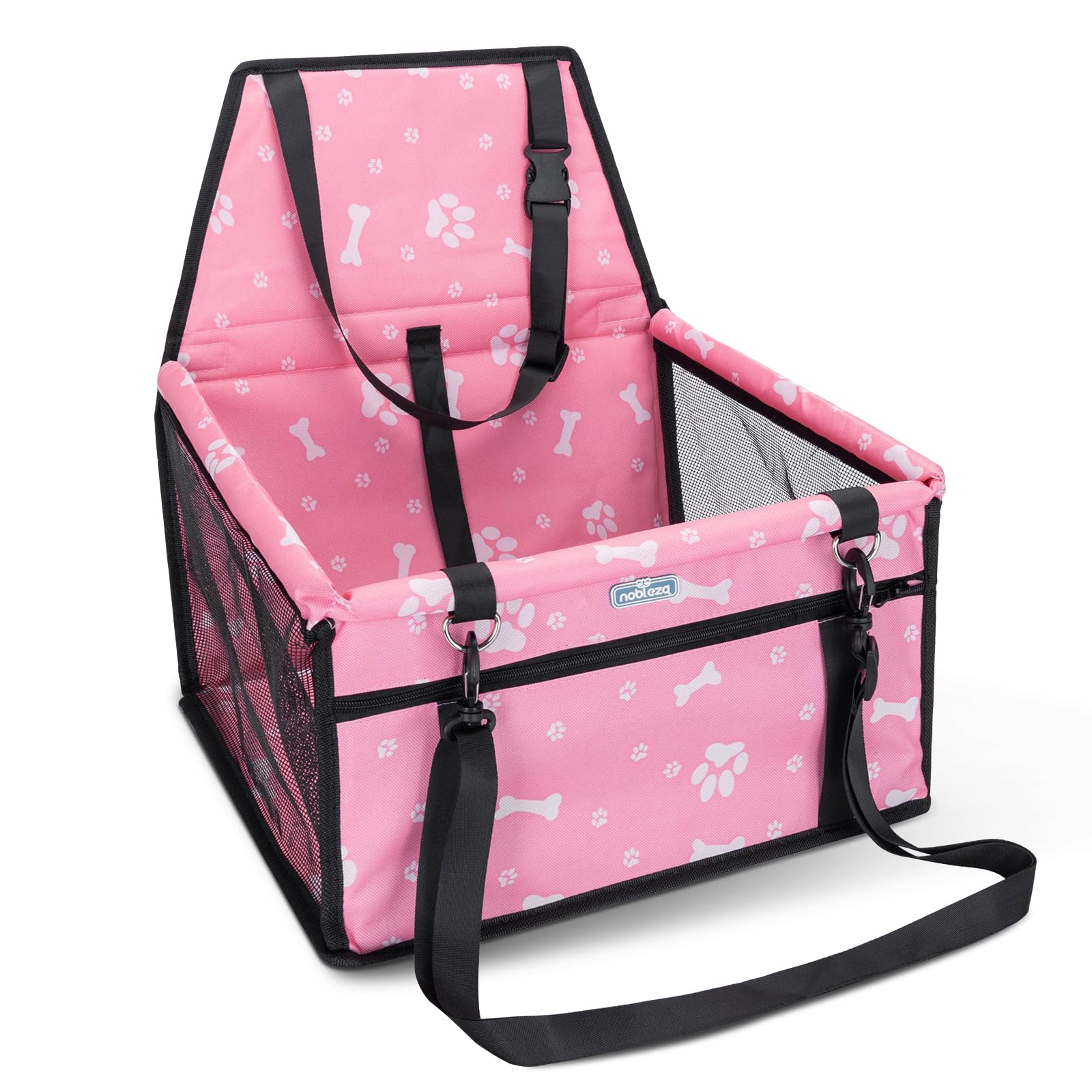 Nobleza Seggiolino Auto per Cani Piccola Taglia e Gatti, Trasportino Cane Auto con Tasca con Cerniera e Cintura di Sicurezza, Impermeabile e Pieghevole, Rete Traspirante, 40x34x25cm, Rosa